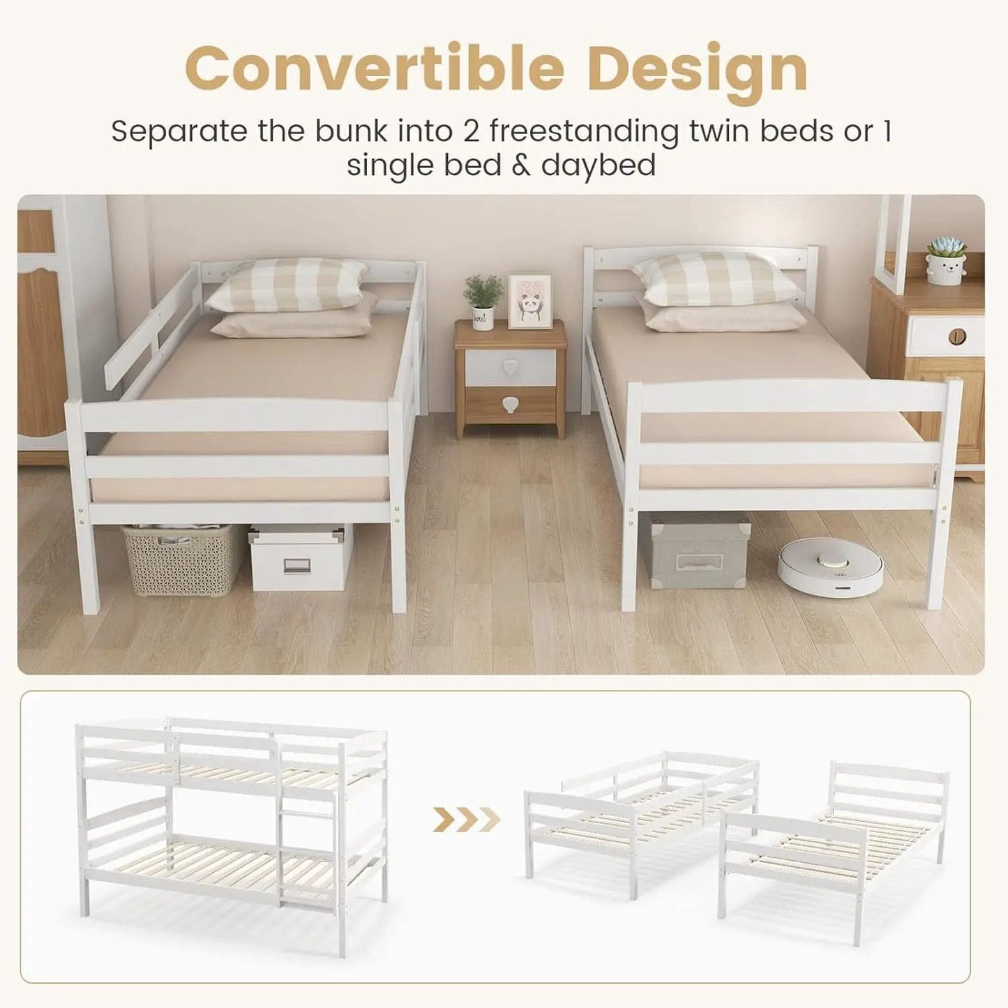 White Twin Over Twin Bunk Bed With Integrated Ladder from PriceLows™