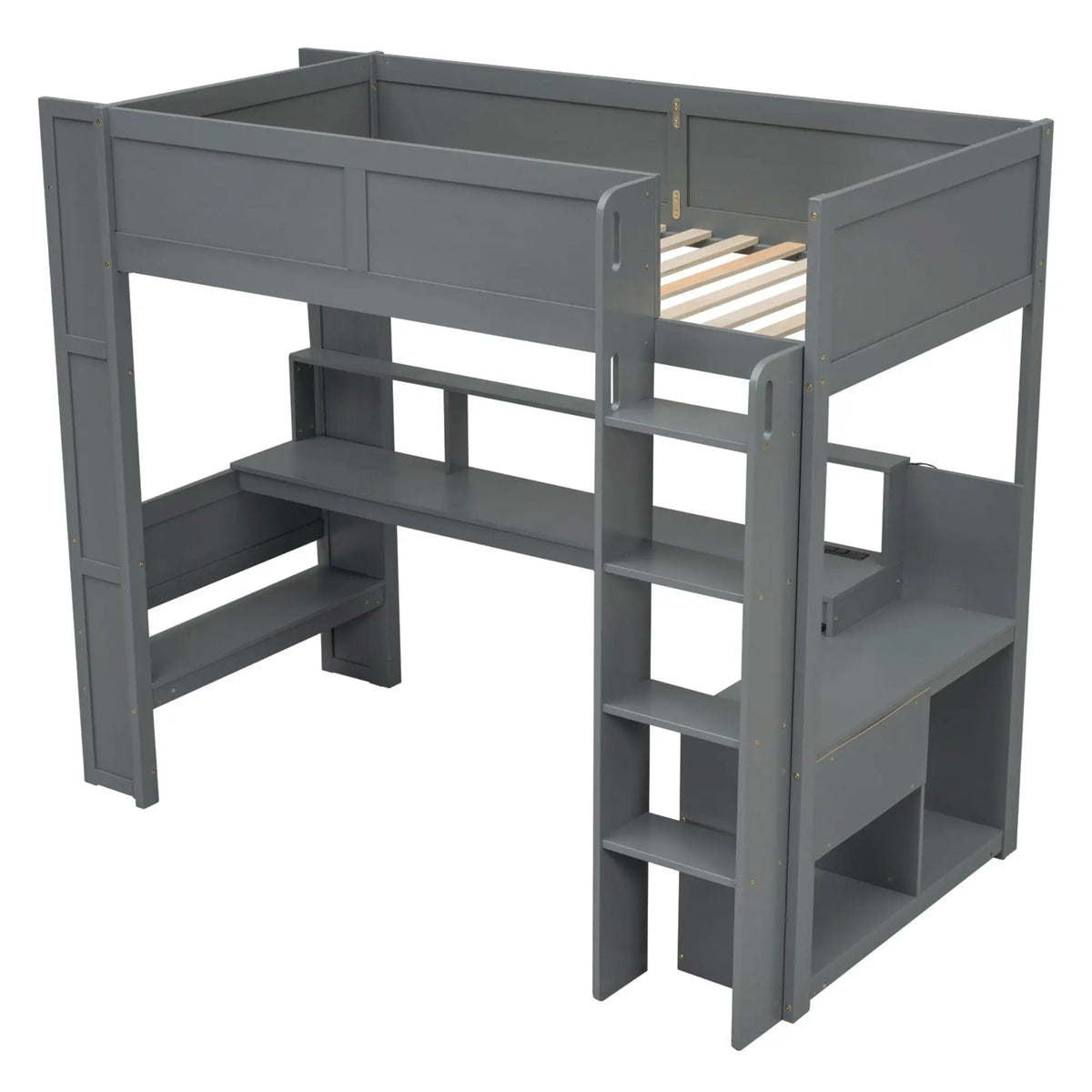 Gaming Loft Bed With Desk | Multi Storage Shelves | LED Lights | Charging Station