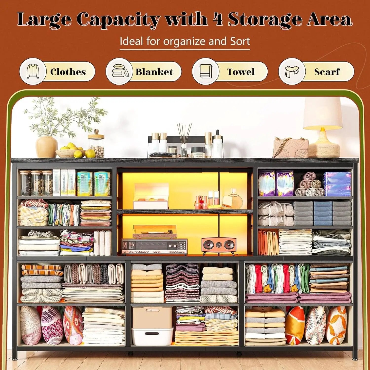 12 Drawer Long Dresser With LED Lights And Built In Power Outlet For Bedroom Storage from PriceLows™