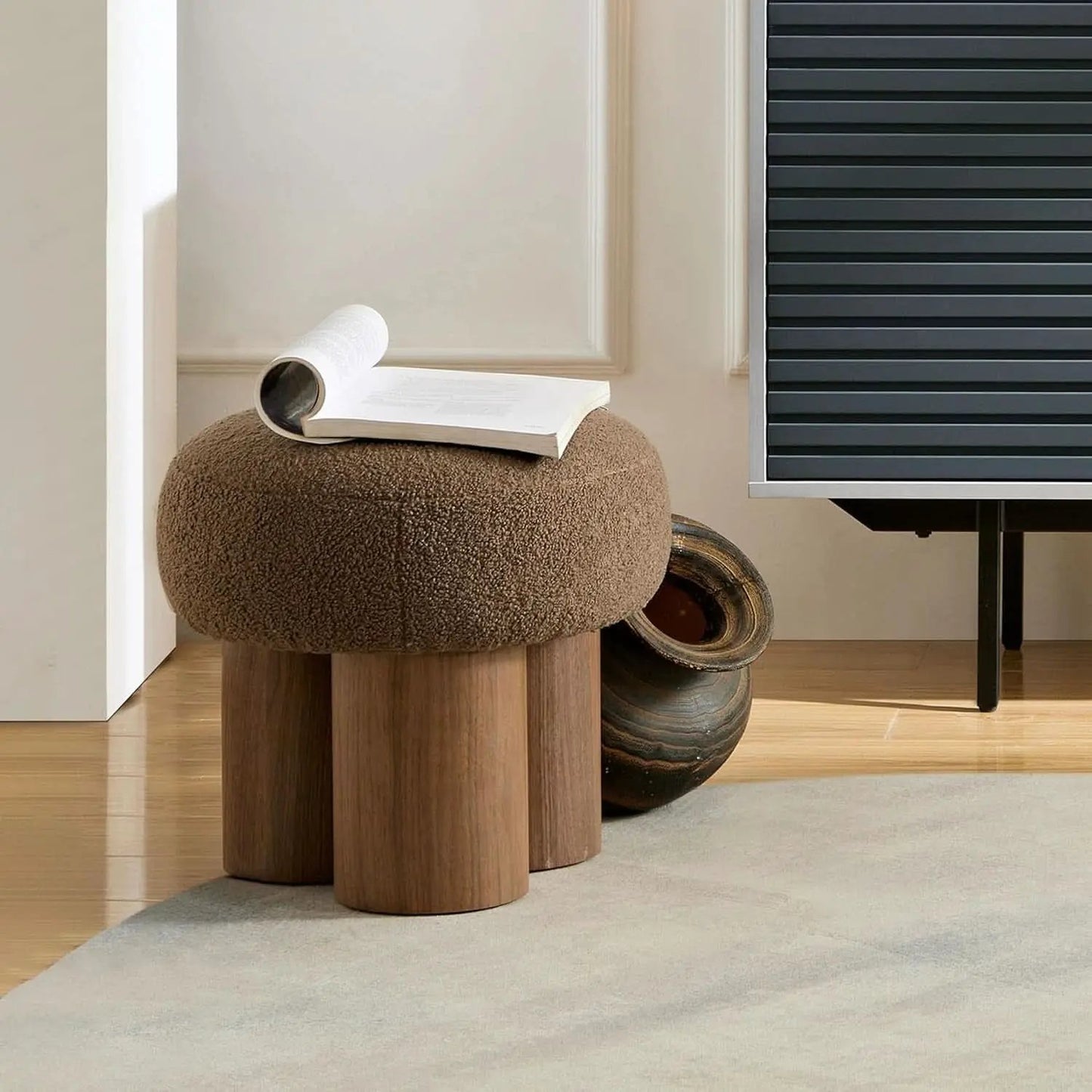 Luxurious Dark Brown Boucle Round Ottoman Footstool from PriceLows™
