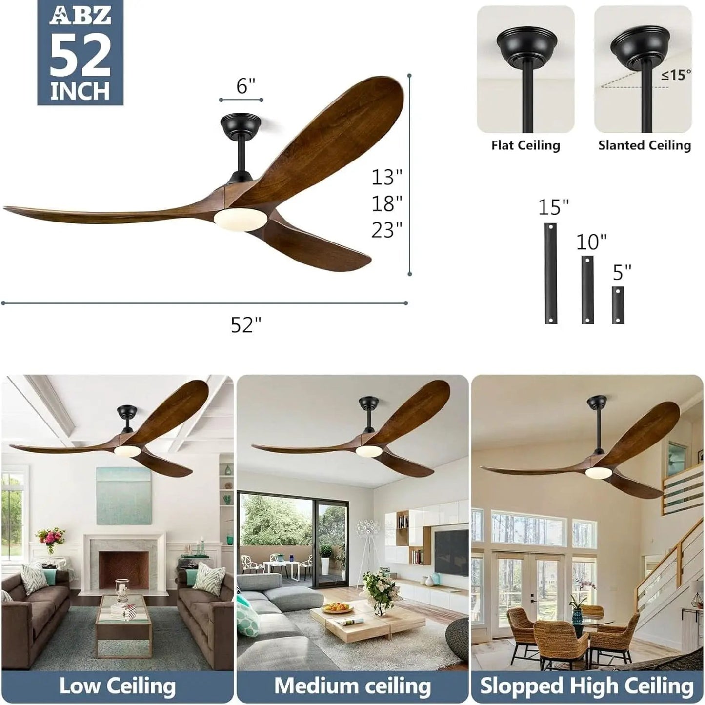52 Inch Walnut Wood Ceiling Fan With Remote And Integrated Lights from PriceLows™