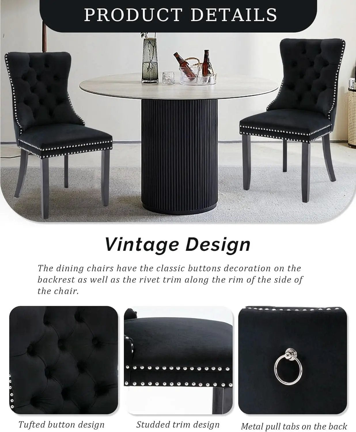 Black Velvet Tufted Dining Chairs With Nailhead Trim Set of 2 from PriceLows™