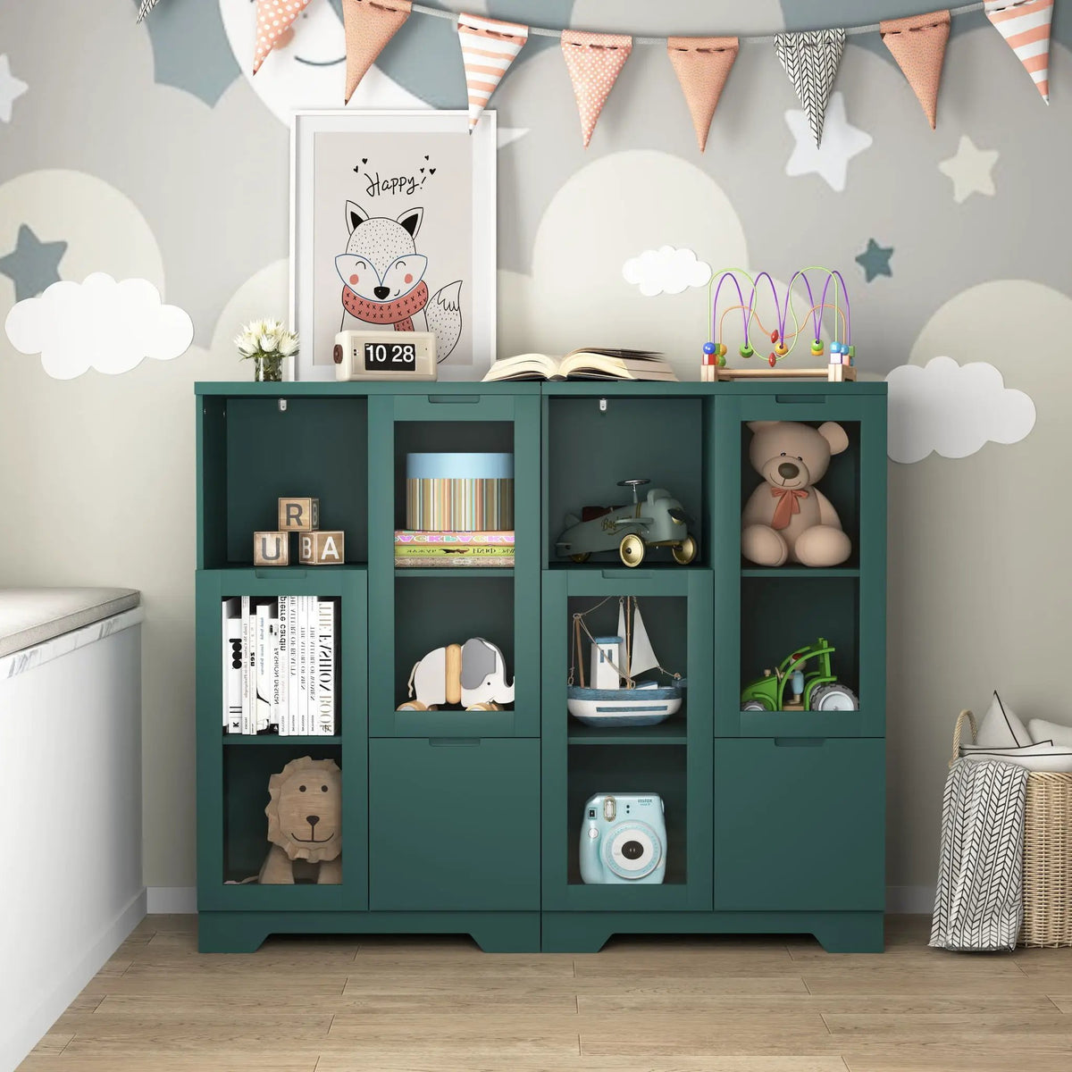 Modern Storage Cabinet | Adjustable Shelves | Double Glass Doors | Gray