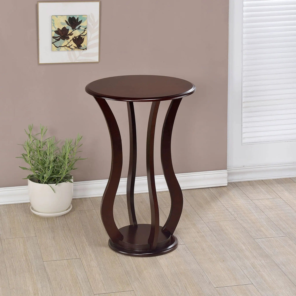 Elton Round Wood Top Accent Plant Stand | 18 x 18 x 28.5 in | Rubberwood & Engineered Wood | Cherry