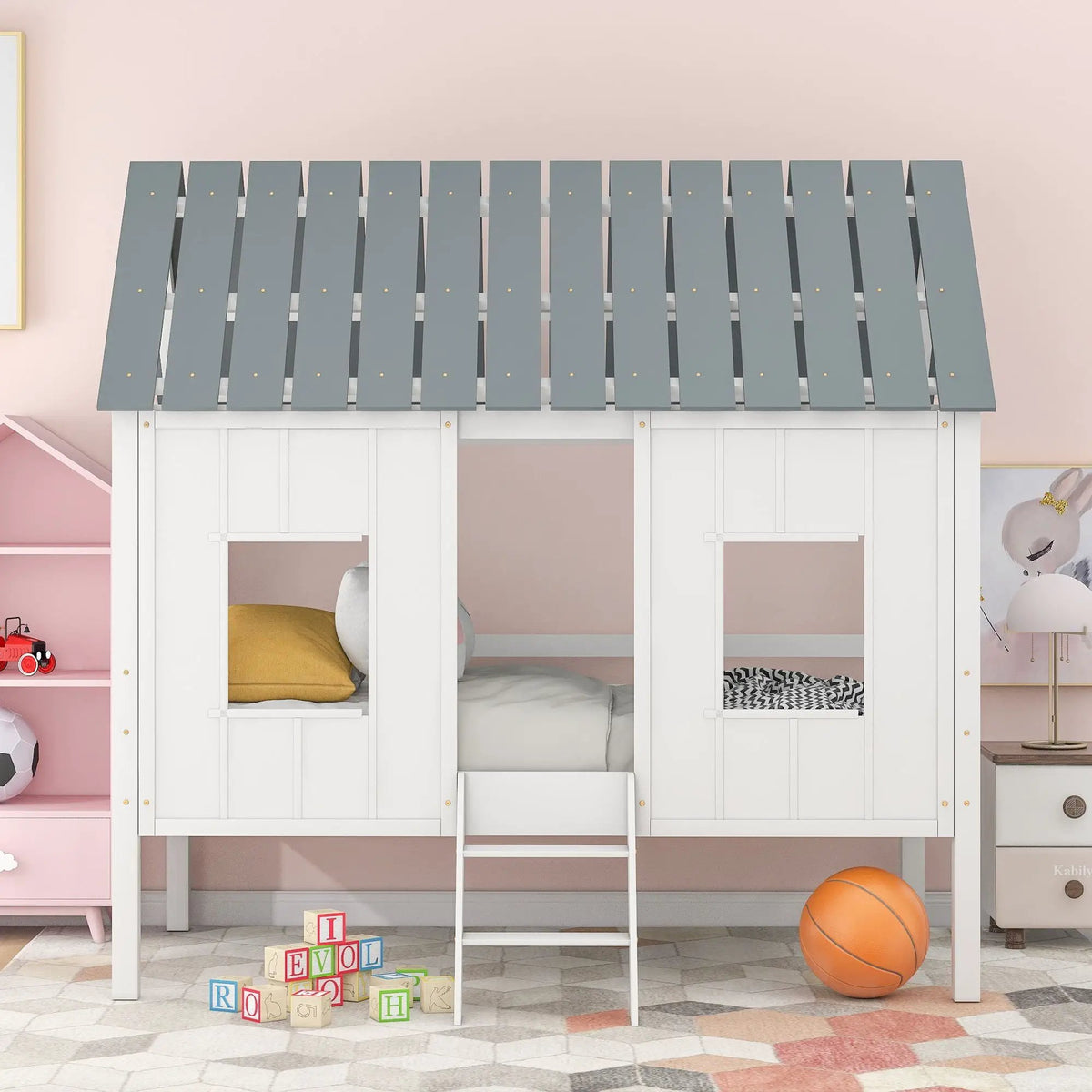 Twin Size Low Loft Bed | Pine Wood Frame | Roof With Two Windows | White