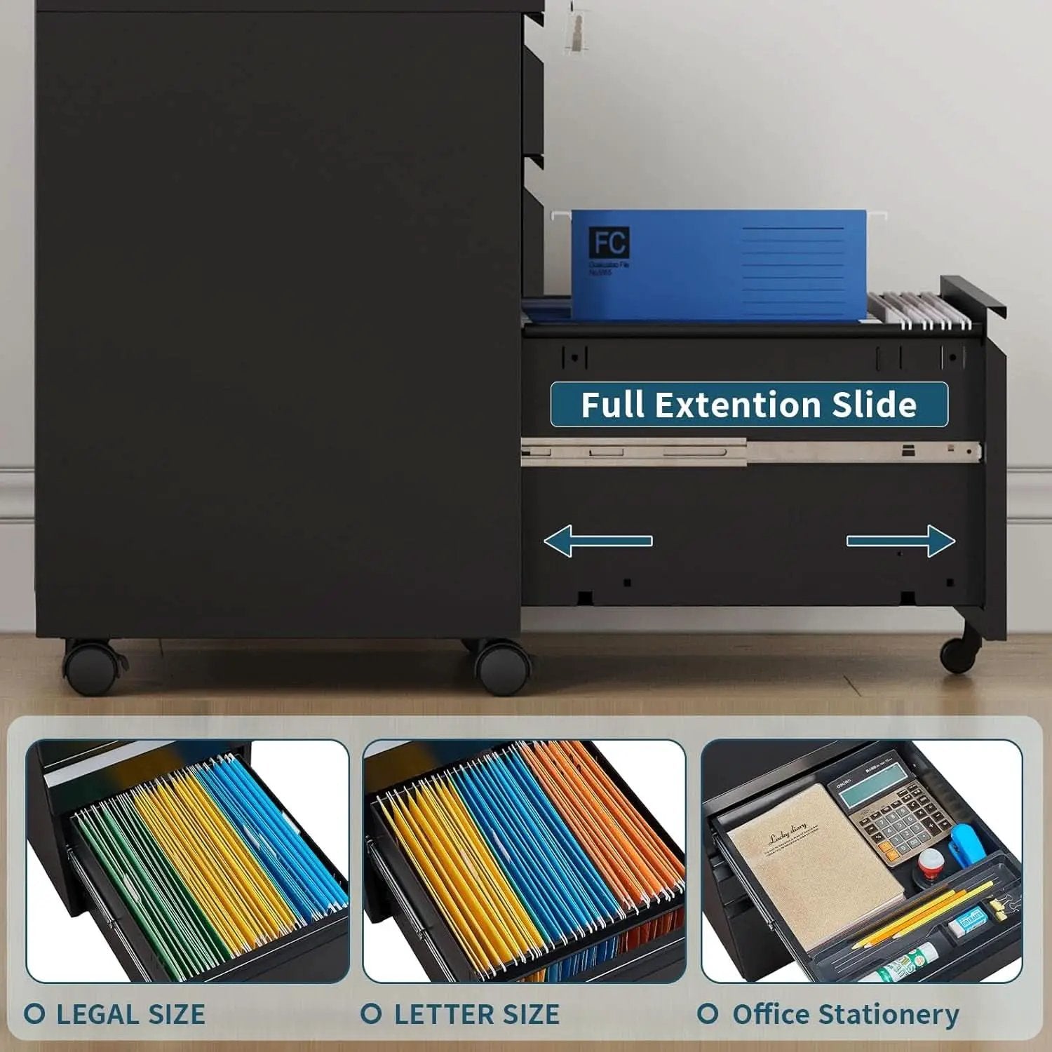Three Drawer File Cabinet On Wheels With Lock Black Metal from PriceLows™