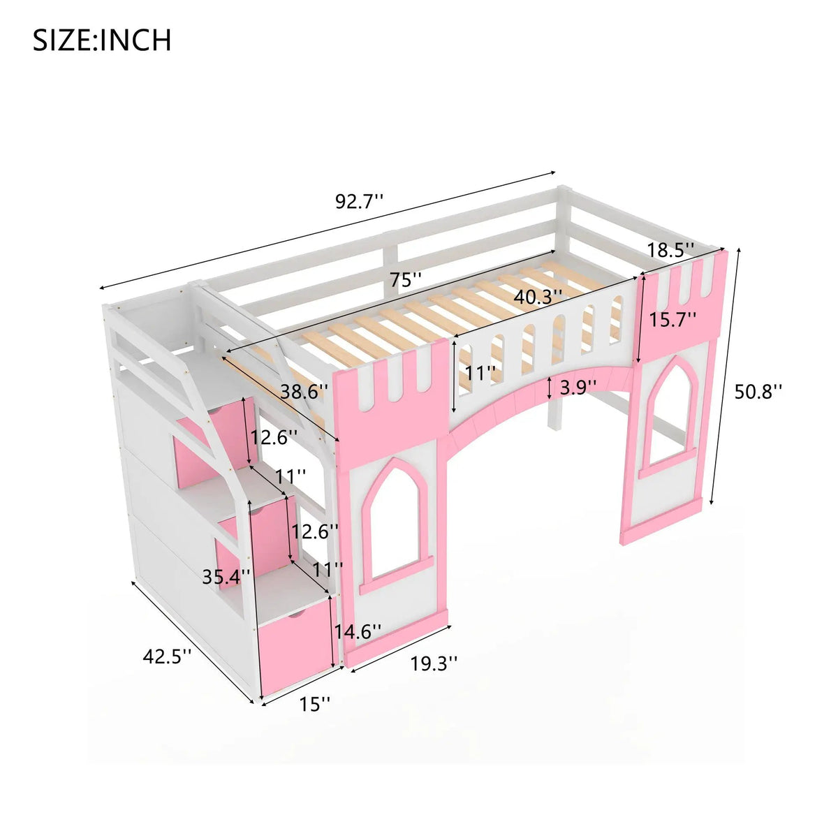Kids Wooden Loft Bed | Storage Staircase | Dual Windows