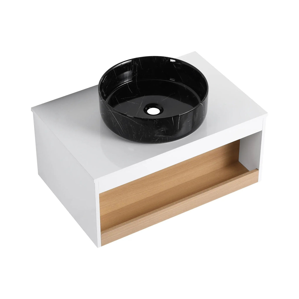 Wall Mounted Bathroom Vanity | Vessel Sink | Open Shelf Storage