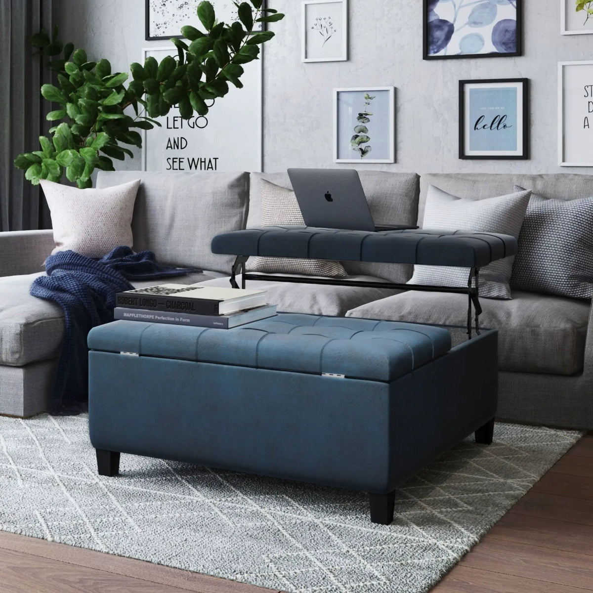 Harrison Large Coffee Table Storage Ottoman | Split Lift-Up Top | Square Design | 36 Inch Width