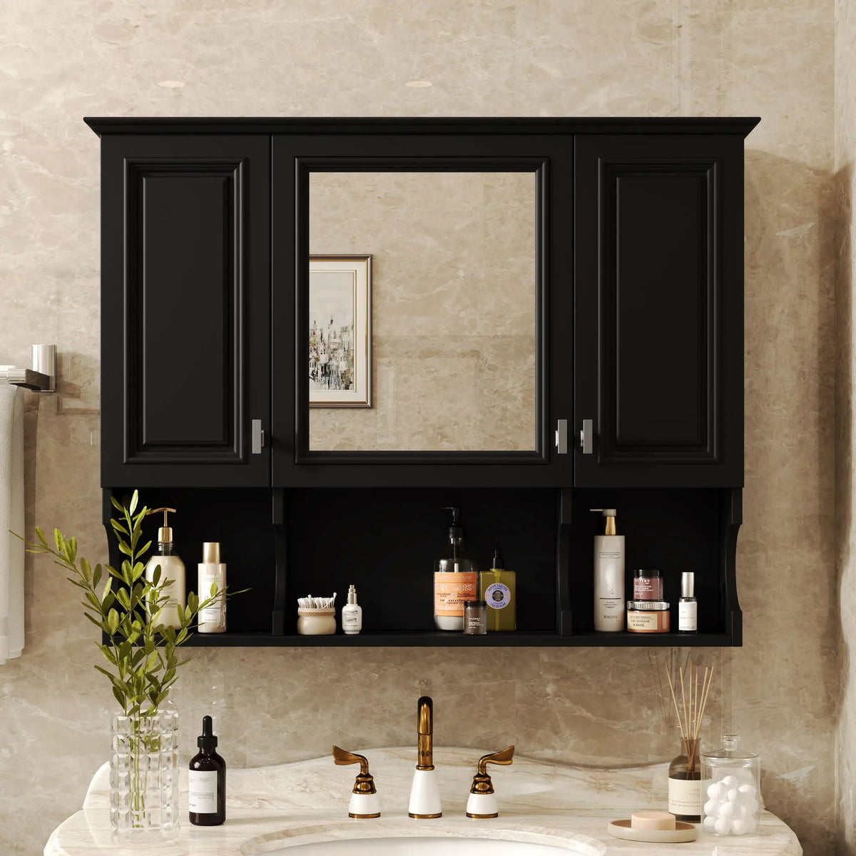 Wall Mounted Medicine Cabinet | Mirror | Open Shelves | 35 Inch Width