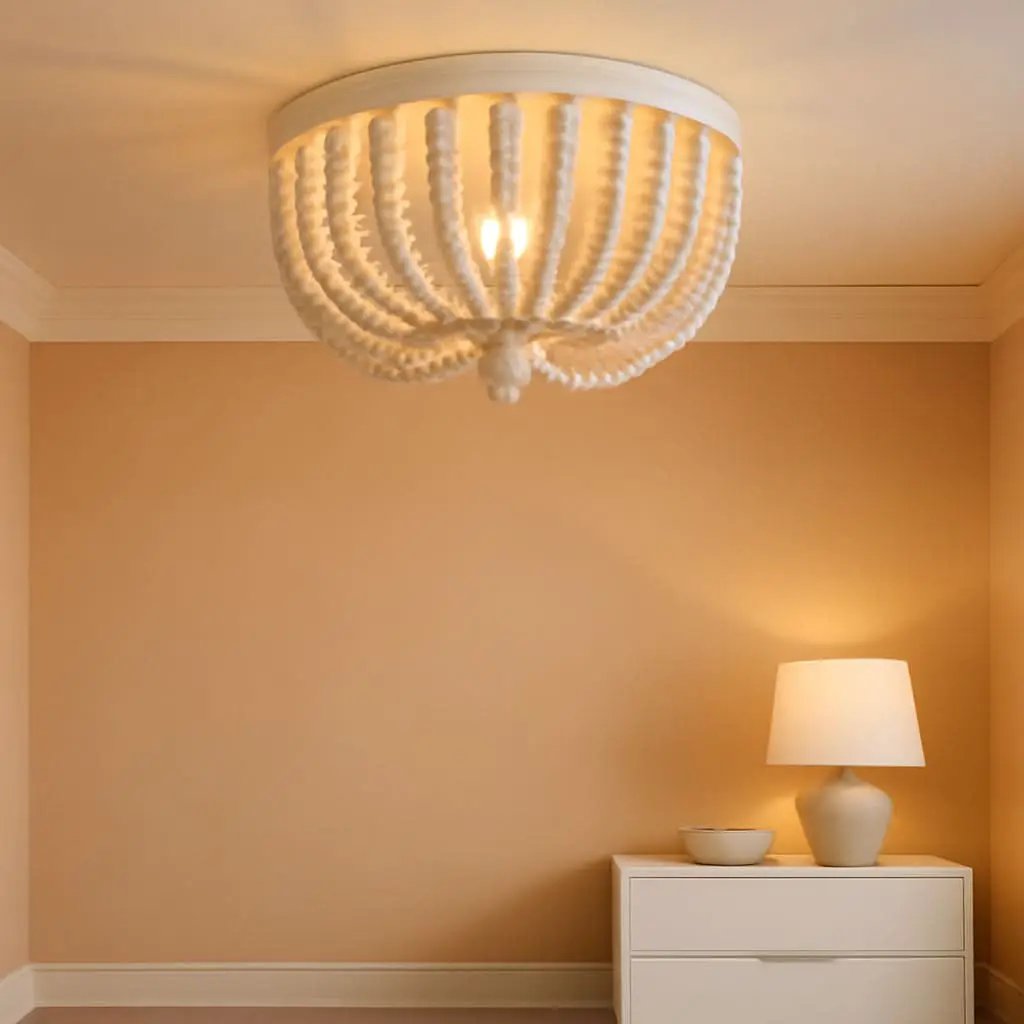 Two Light White Wood Beaded Boho Flush Mount Chandelier For Nursery And Bedroom Decor from PriceLows™