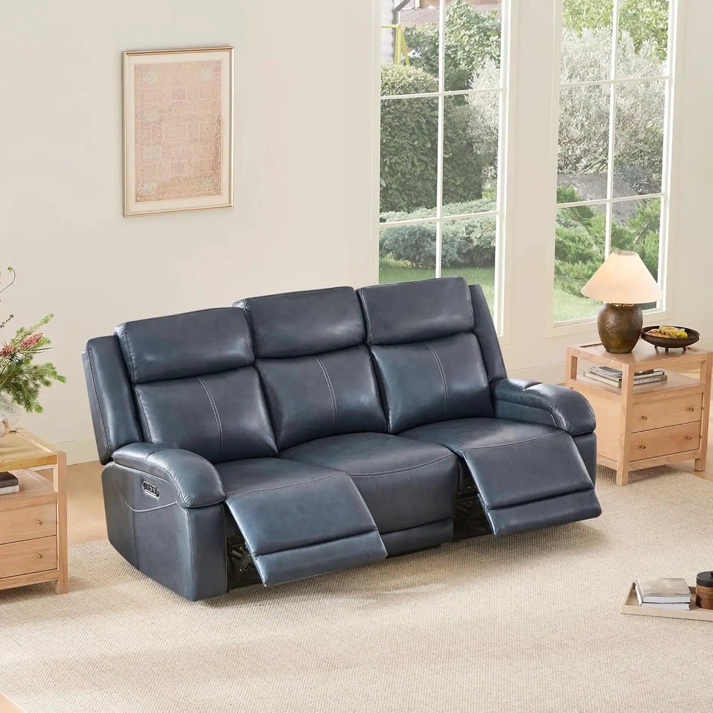 Navy Genuine Leather Power Recliner Sofa With USB Type C from PriceLows™
