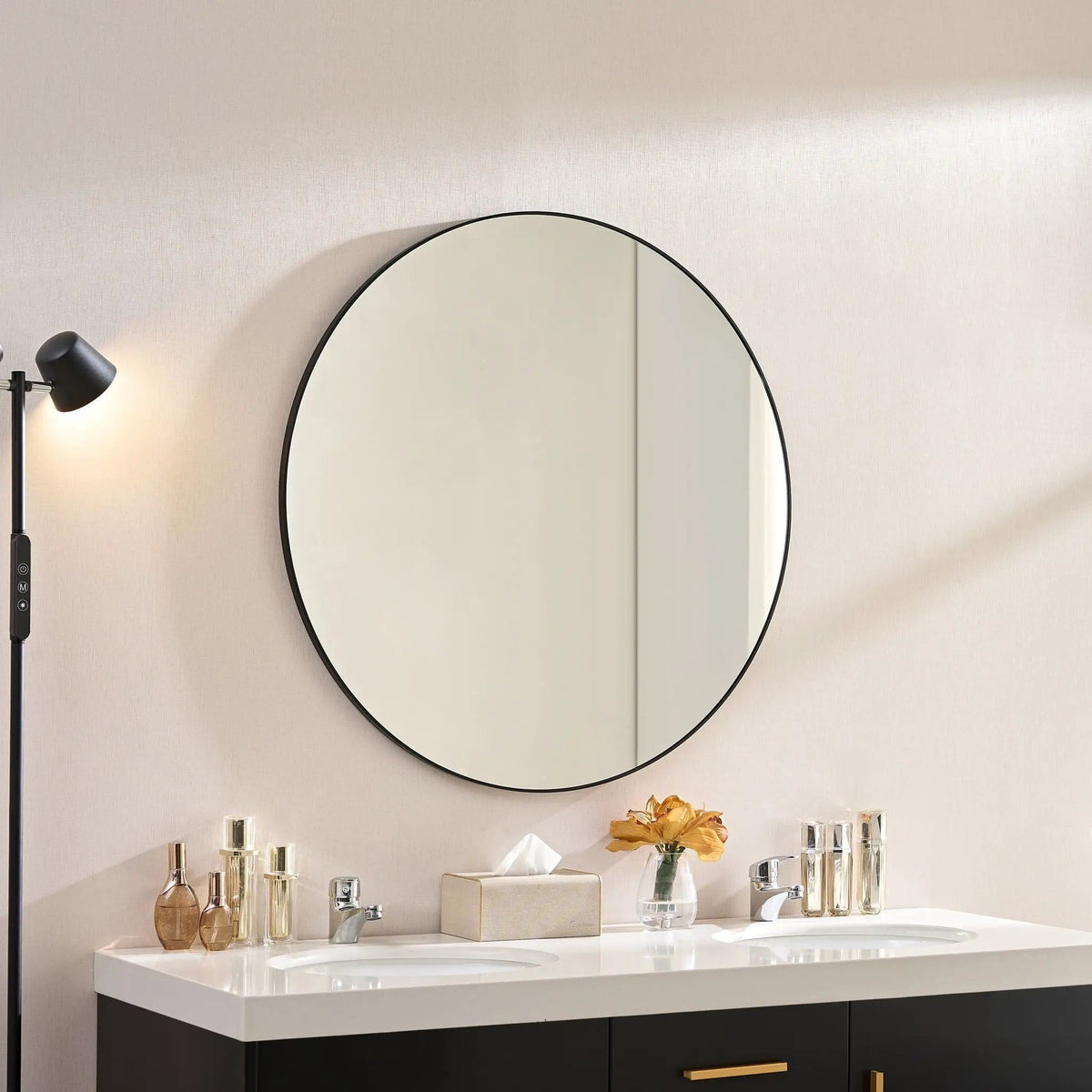 Wall Circular Framed Vanity Mirror For Bathroom, Living Room Decor - | 36 x 36 x 0.75 in | Metal & Aluminum | Black