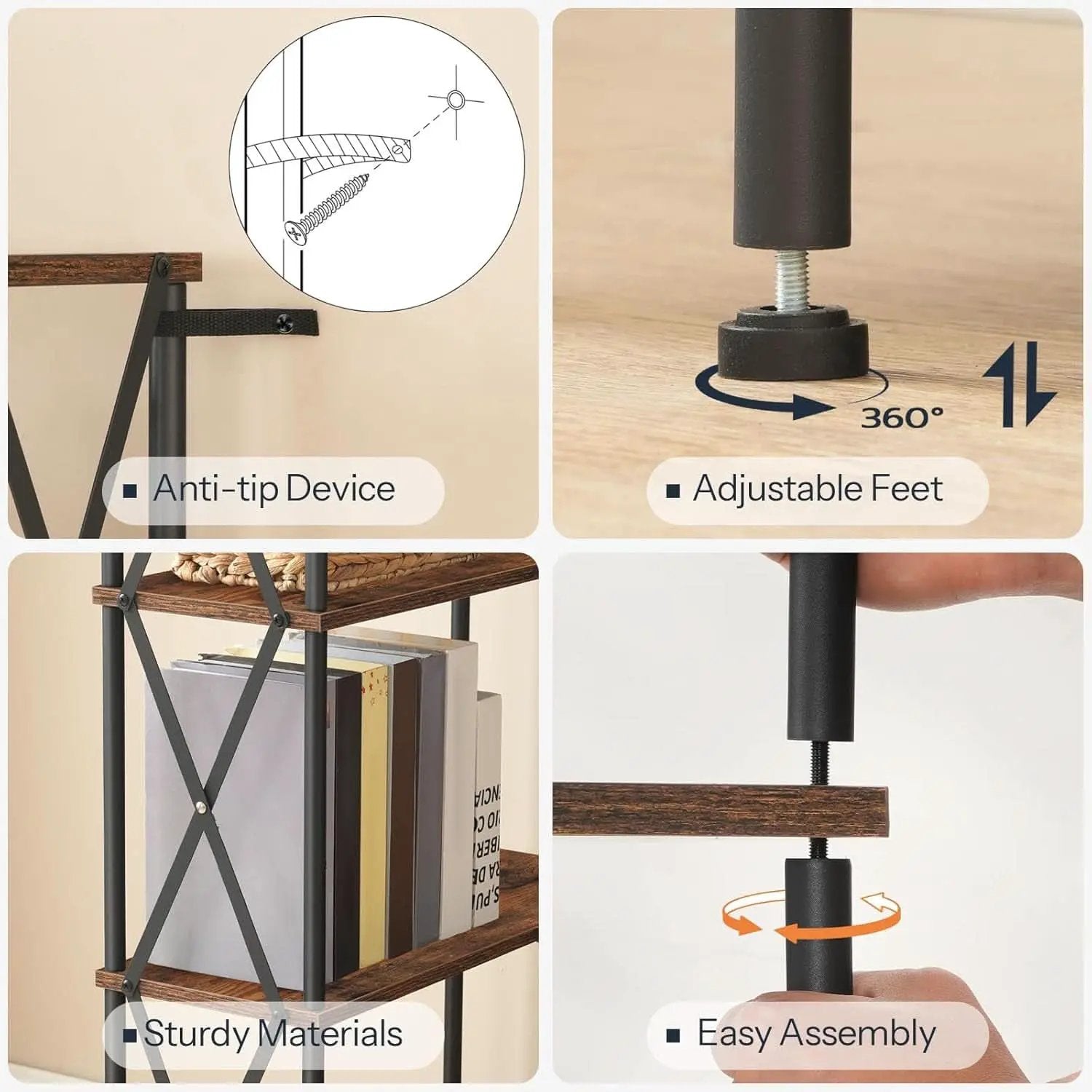 Corner Bookshelf 5-Tier L-Shaped Industrial Bookcase In Rustic Brown from PriceLows™