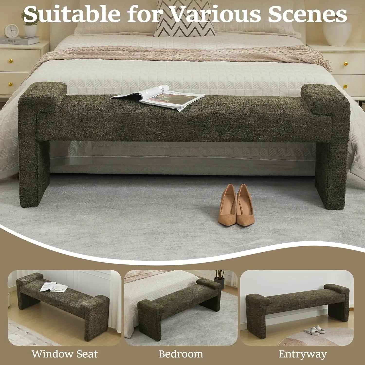 Green Upholstered End Of Bed Bench Curved Wood Frame from PriceLows™