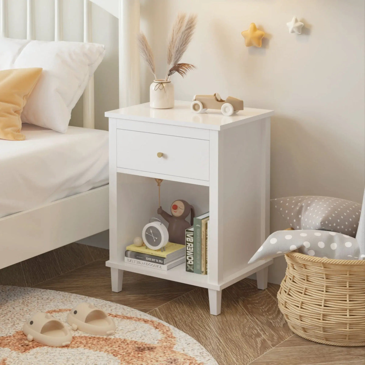 Nightstand | 1 Drawer 1 Shelf | White MDF | Tip Resistant