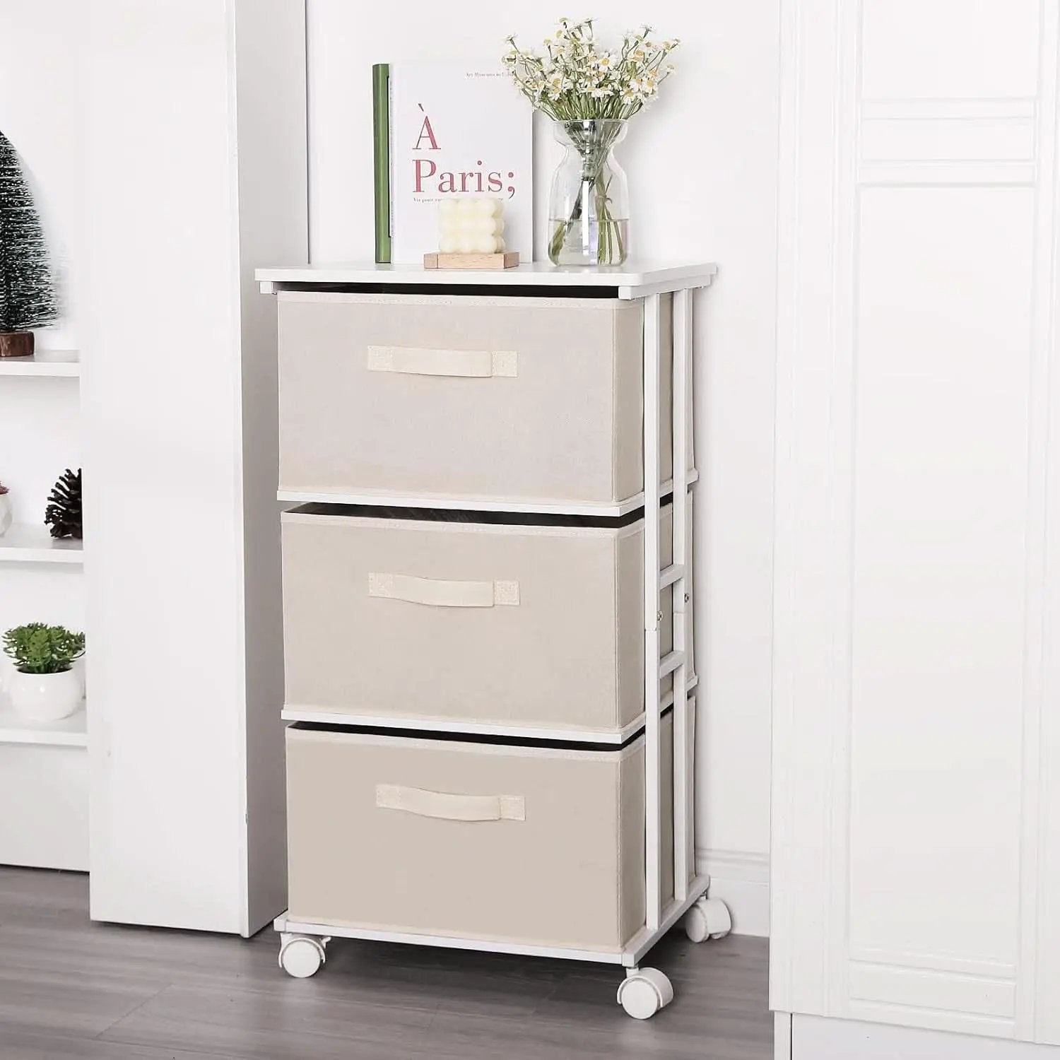 Beige Dresser Tower With 3 Drawers And Wood Top Fabric from PriceLows™