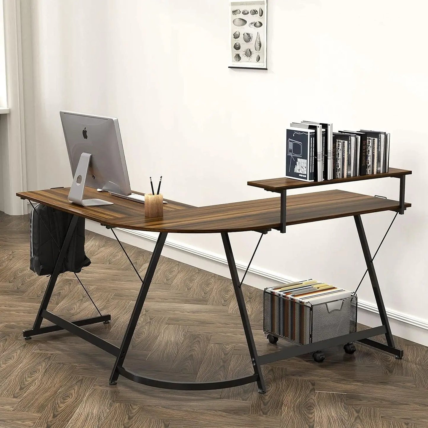 Vista L Shape Desk With Monitor Stand Walnut Finish from PriceLows™