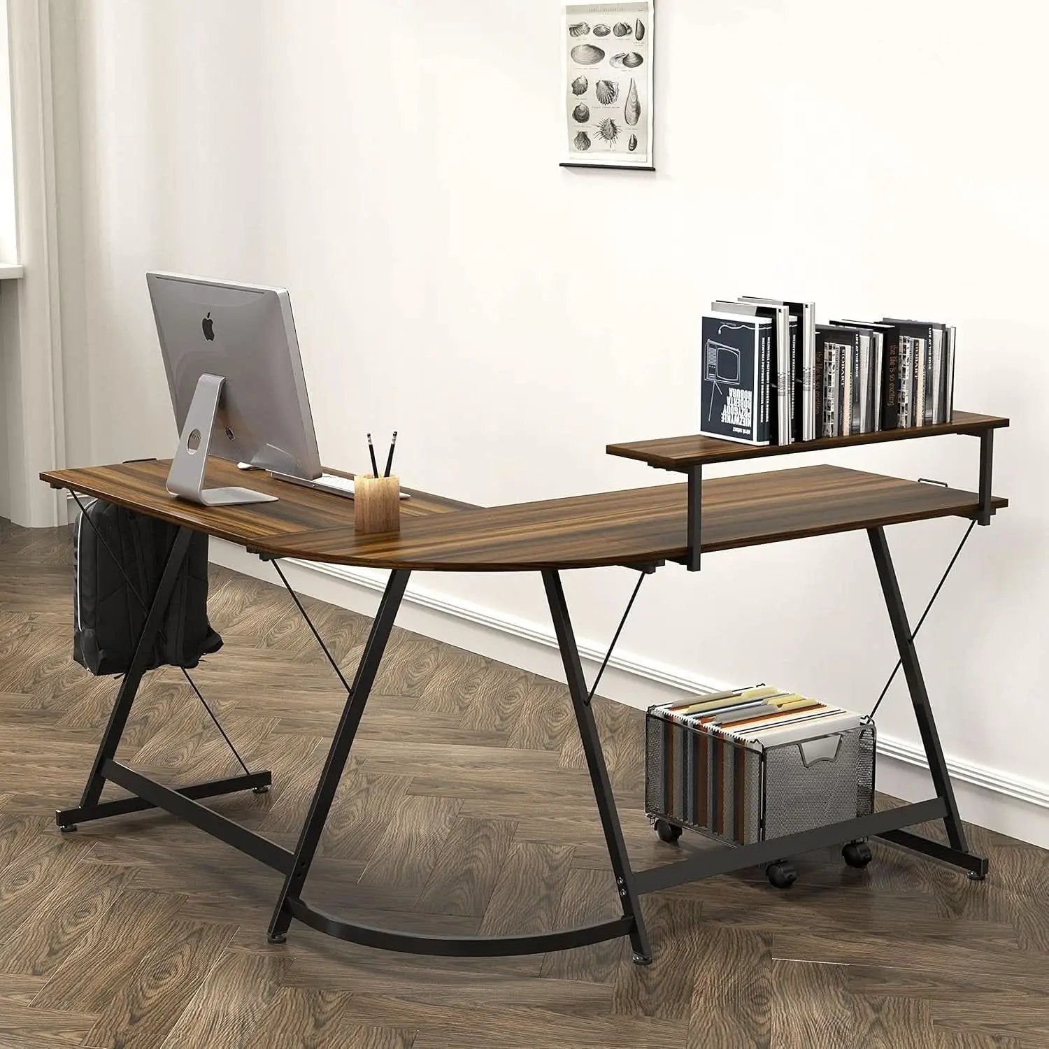 Vista L Shape Desk With Monitor Stand Walnut Finish from PriceLows™