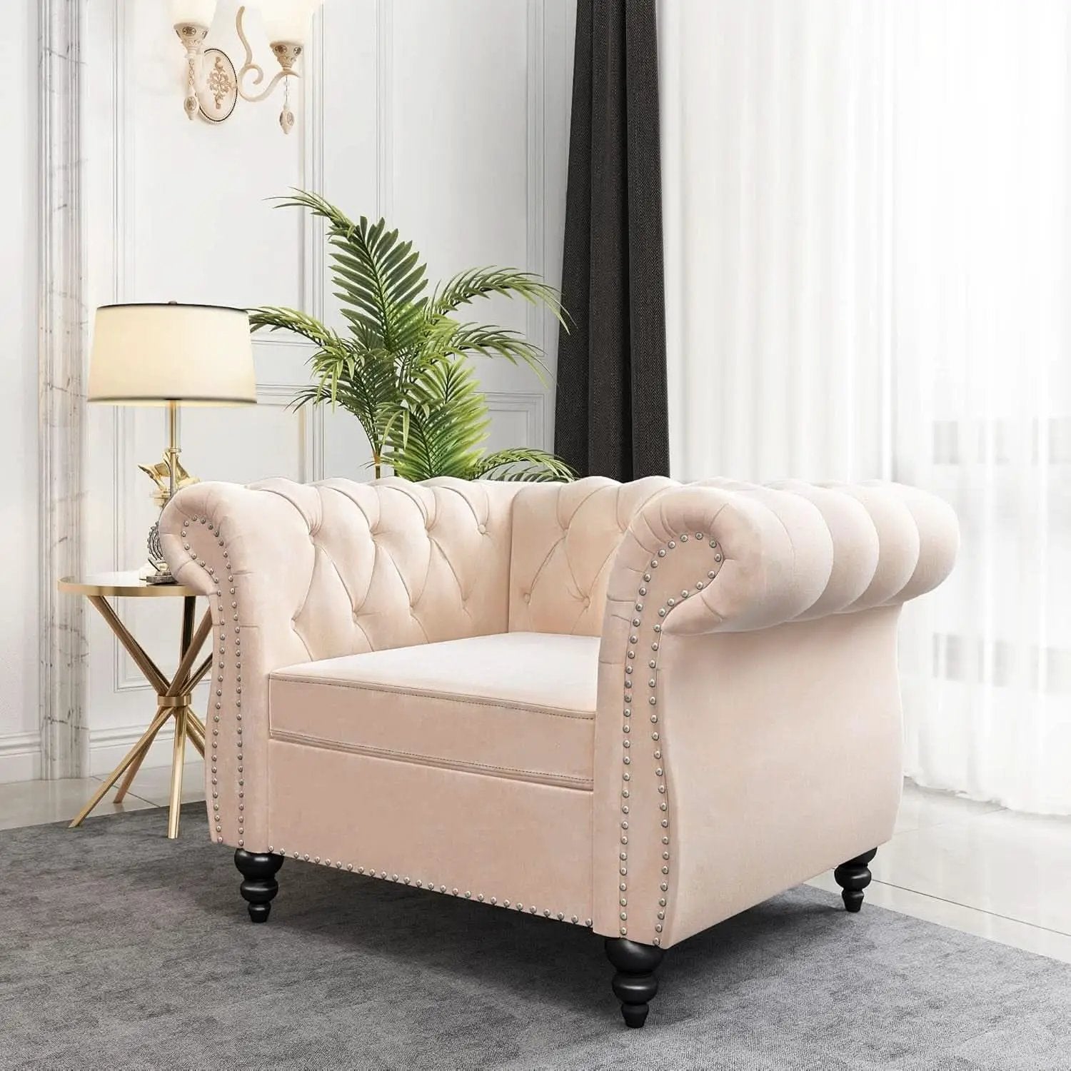 Beige Velvet Sectional Sofa Set With Button Tufting from PriceLows™