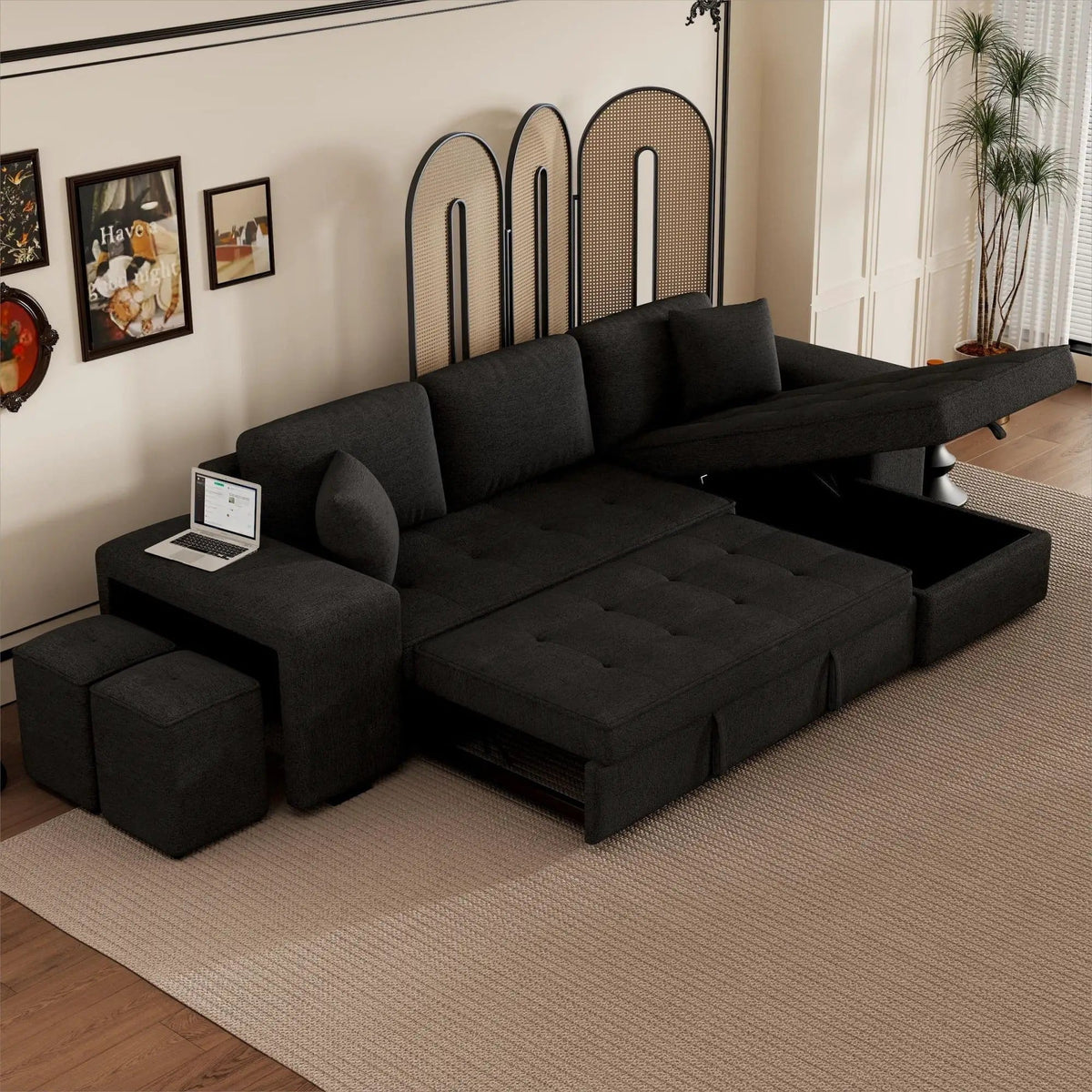 Modern L-Shape 3 Seat Reversible Sectional Couch, Pull Out Sleeper Sofa With Storage | 4 Pieces | Fabric | Living Room