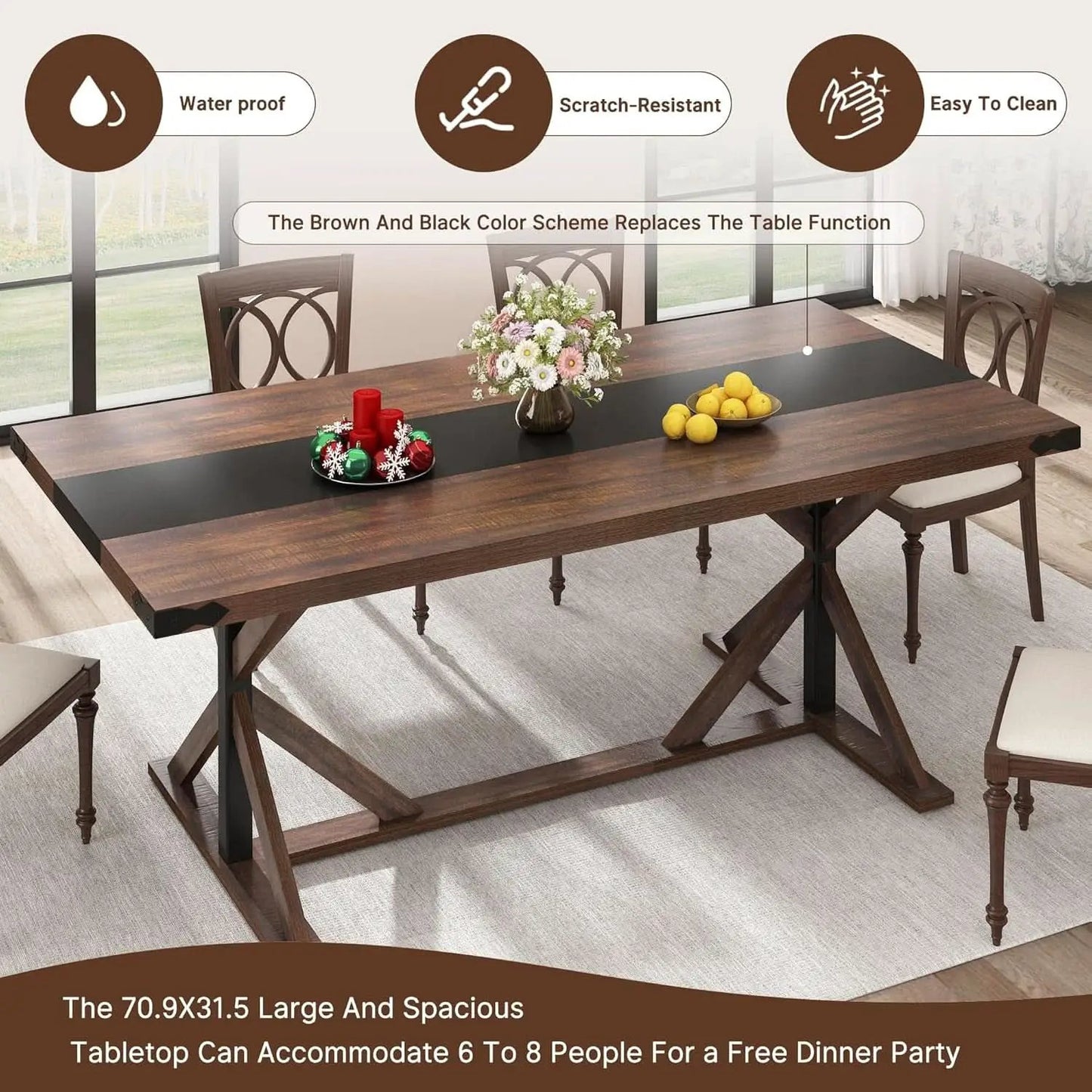 71 Inch Farmhouse Dining Table Waterproof Wood Grain Top from PriceLows™