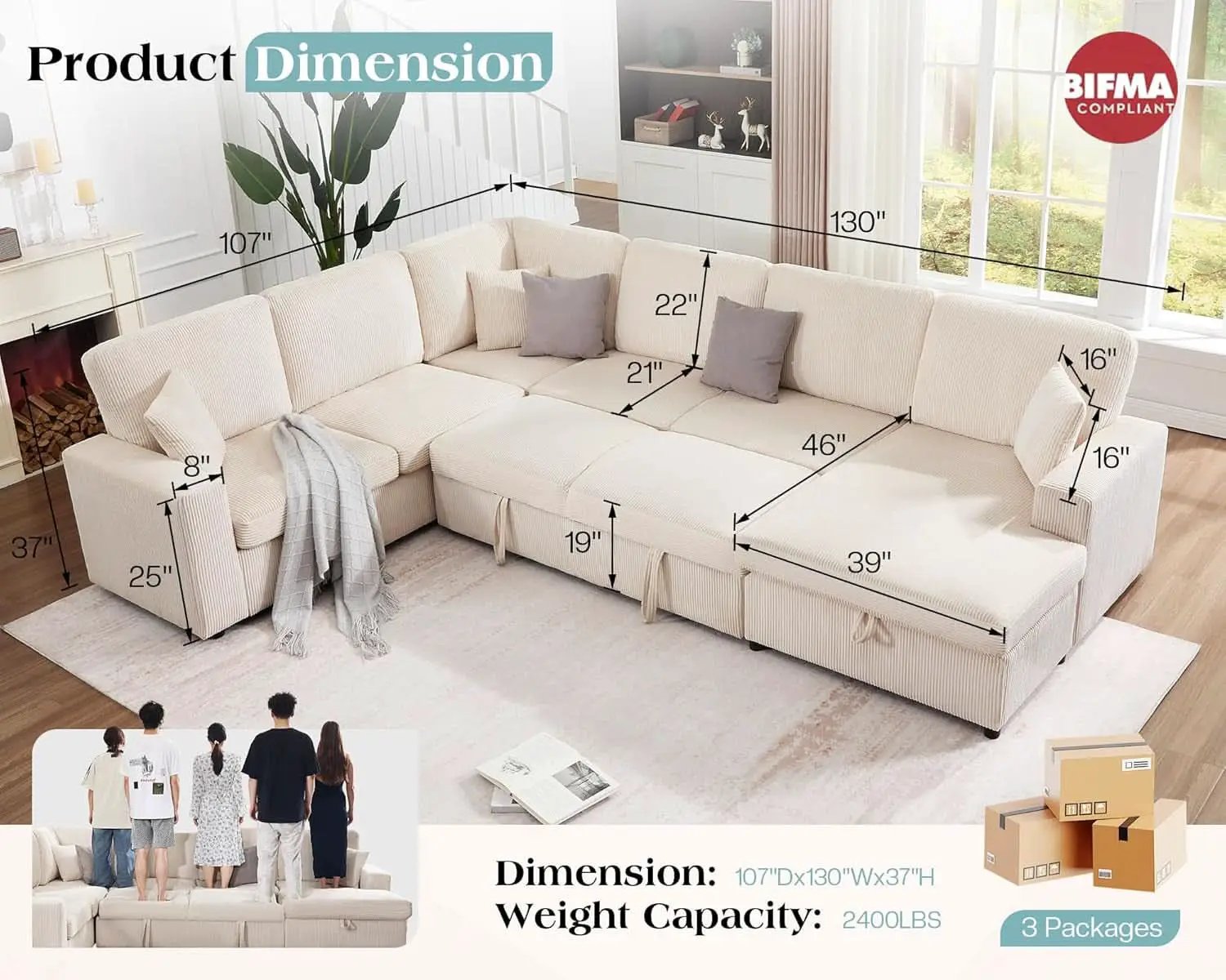 130 Inch Beige Corduroy Sectional Sofa Bed Storage Compartment from PriceLows™