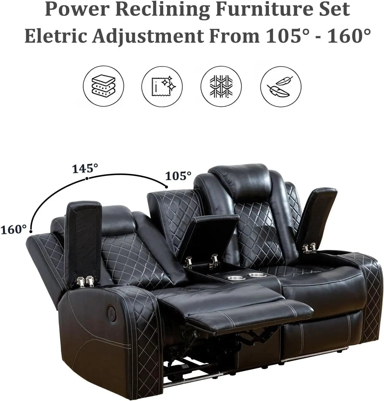 Power Reclining Leather Sofa Set With USB Ports Black from PriceLows™