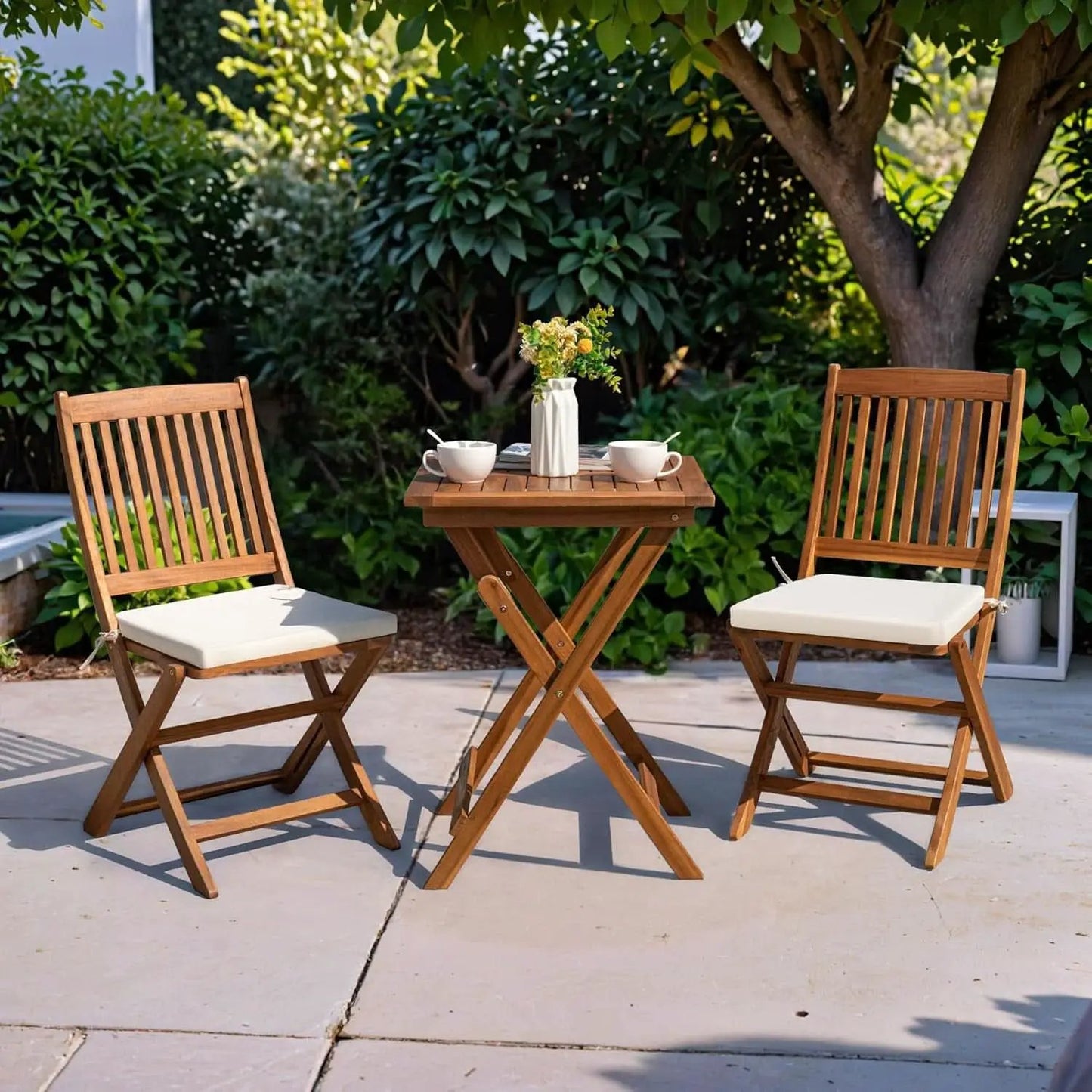 3 Piece Patio Folding Bistro Set With 2 Cushions Acacia Wood Outdoor Furniture For Pool And Garden from PriceLows™