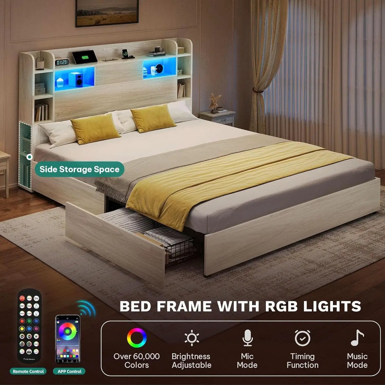 King Size Bed Frame Antique White With Bookcase Headboard from PriceLows™