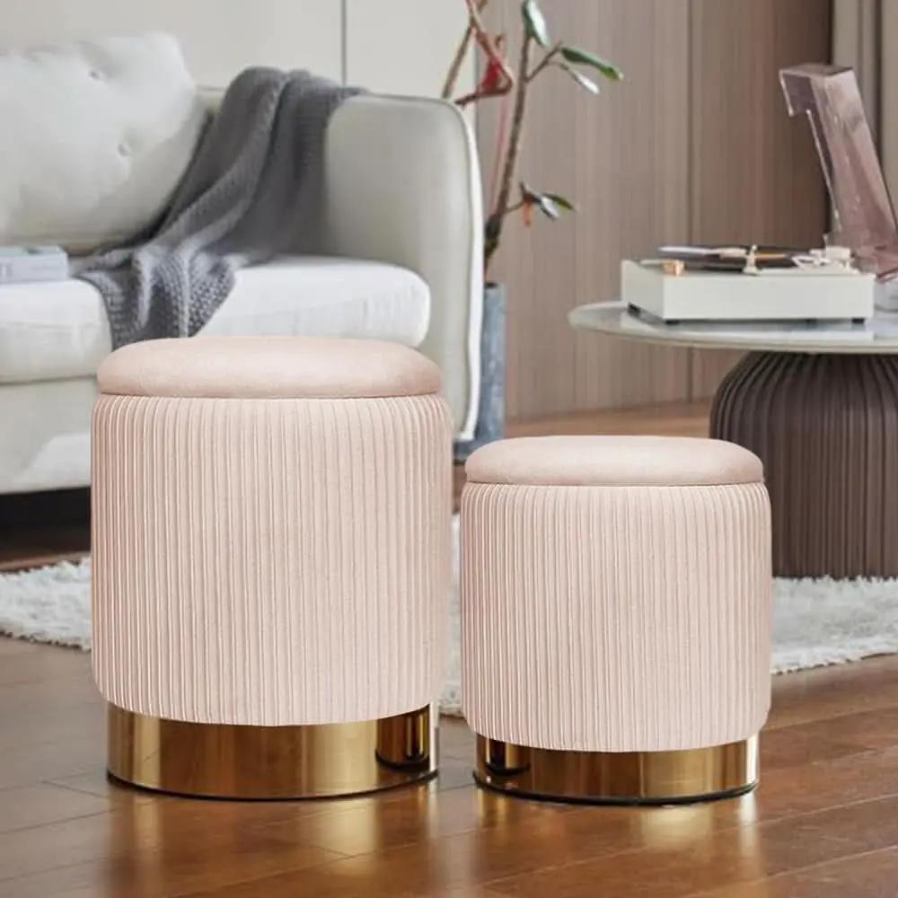 Bubblegum Pink Velvet Circular Ottoman With Storage from PriceLows™