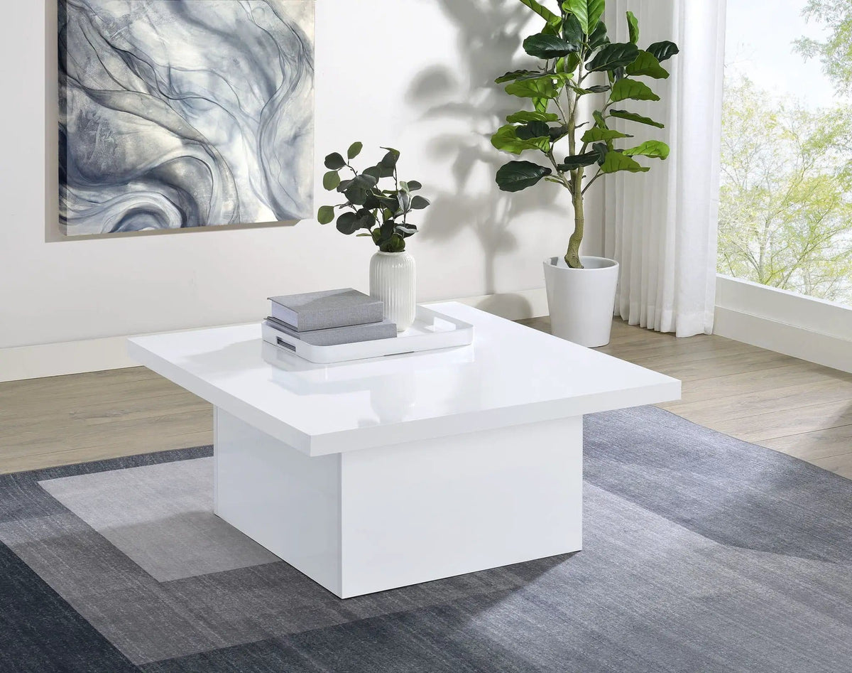 Devar Square Engineered Wood Coffee Table White High Gloss | 35.5 x 35.5 x 16.25 in | Engineered Wood | Living Room