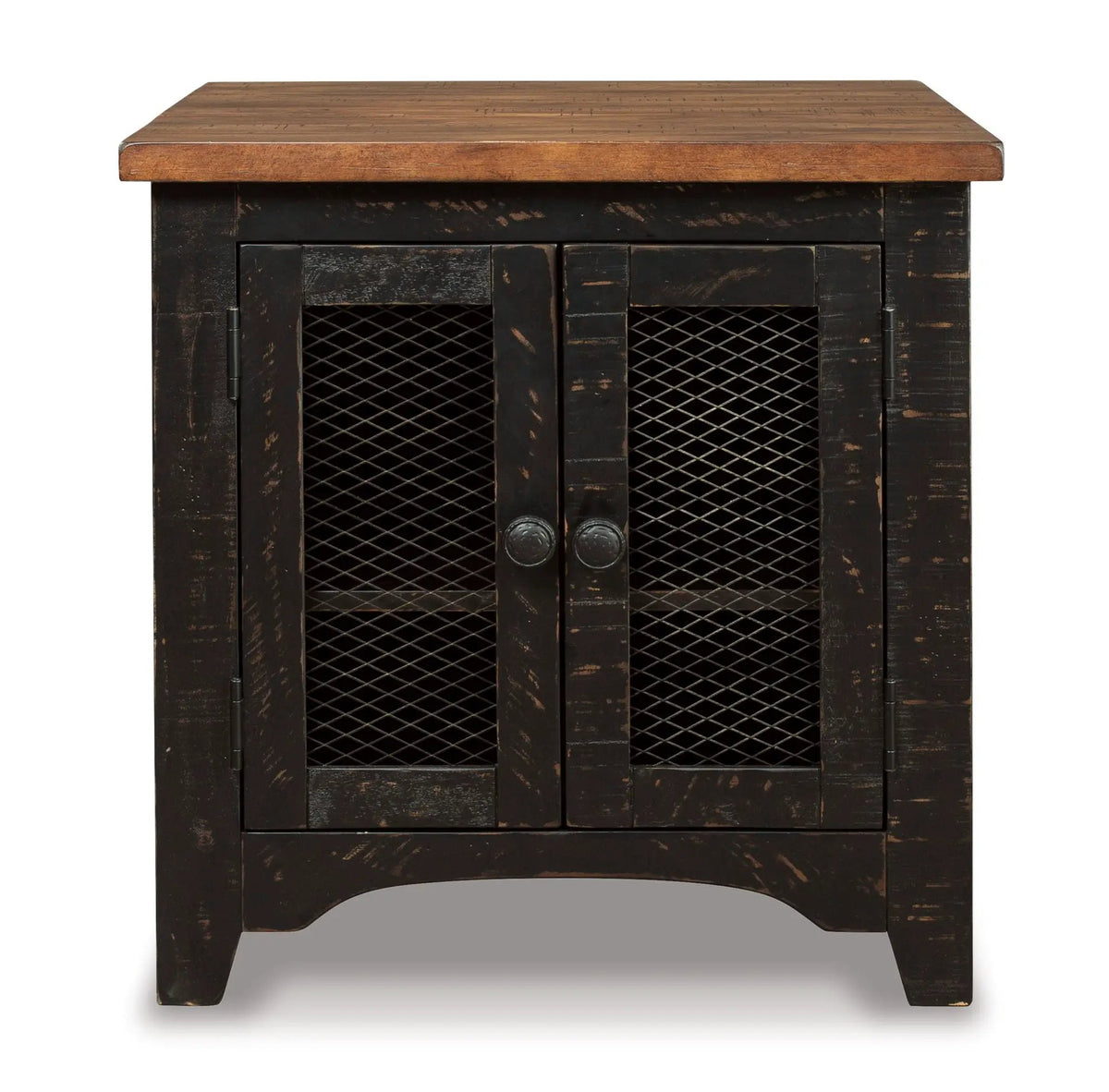 Valebeck Rectangular End Table | Black And Brown | Pine Veneers | Door With Adjustable Shelf