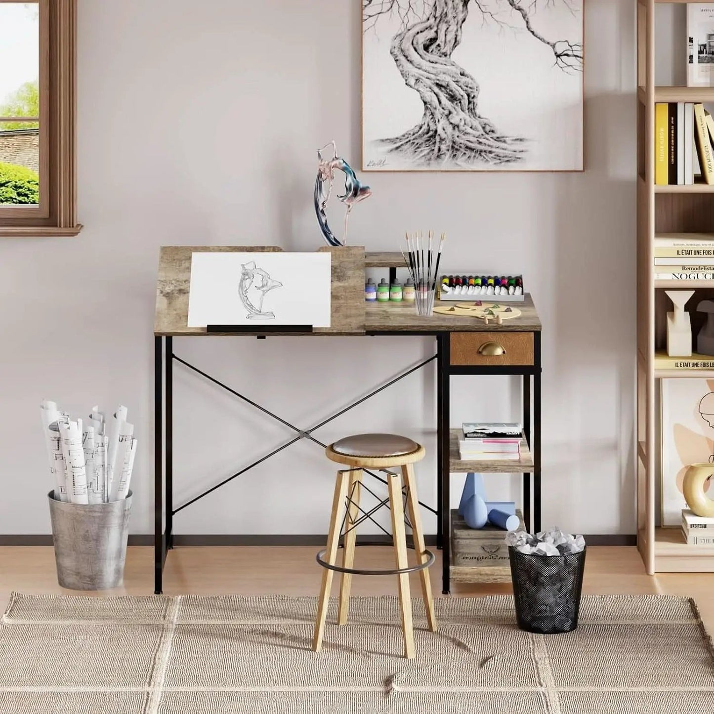 Adjustable Drafting Table with Storage Shelves and Drawer from PriceLows™
