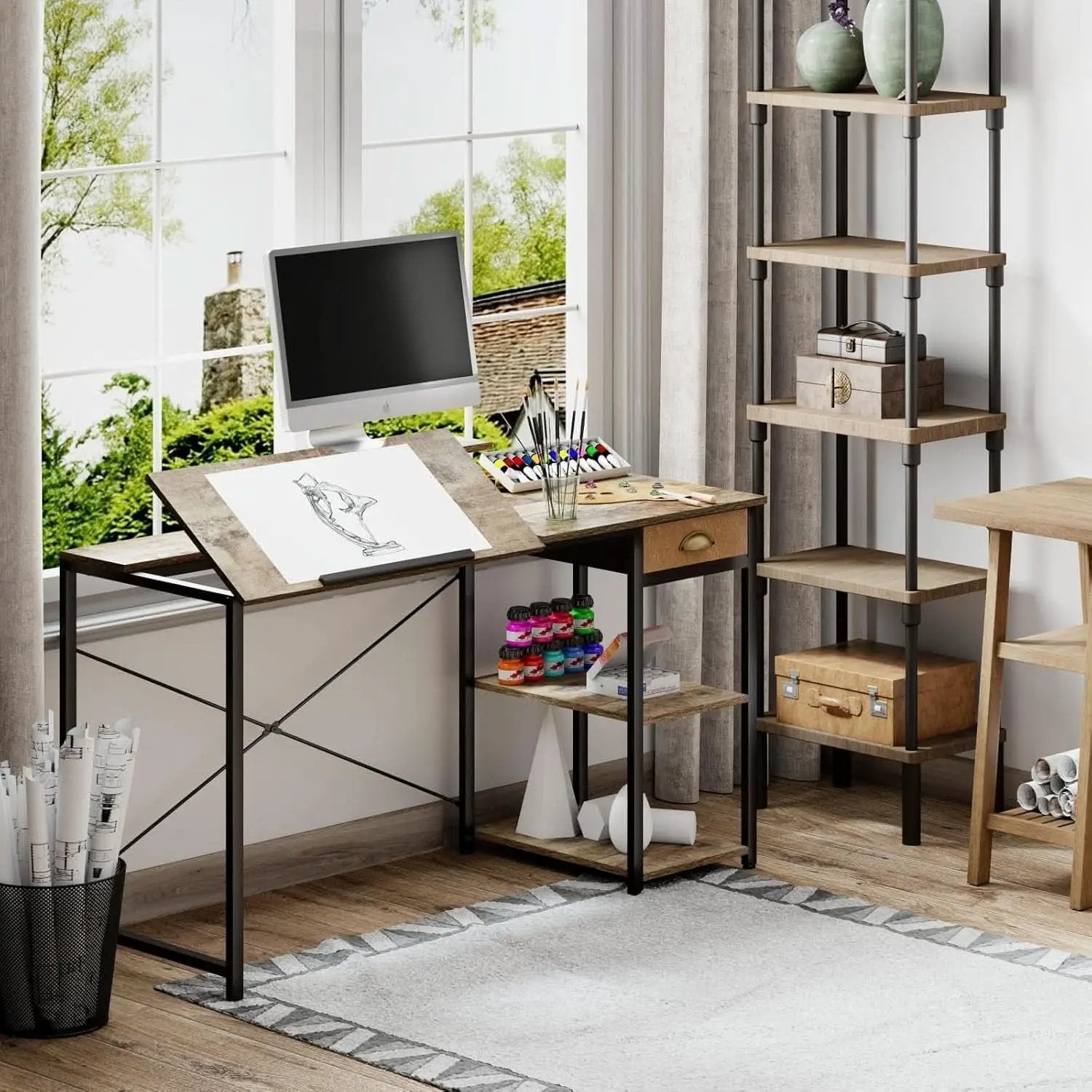 Adjustable Drafting Table with Storage Shelves and Drawer from PriceLows™