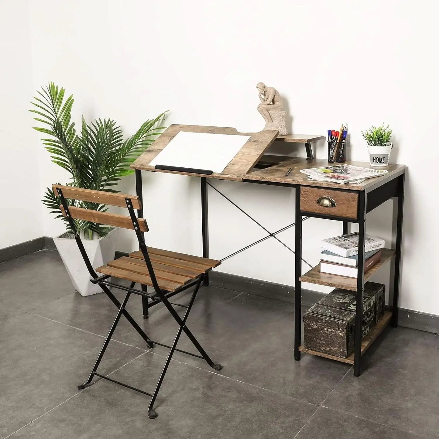 Adjustable Drafting Table with Storage Shelves and Drawer from PriceLows™