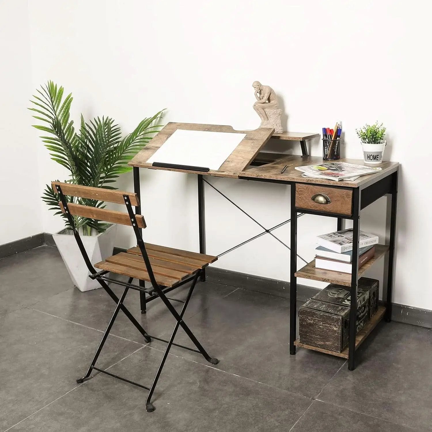 Adjustable Drafting Table with Storage Shelves and Drawer from PriceLows™