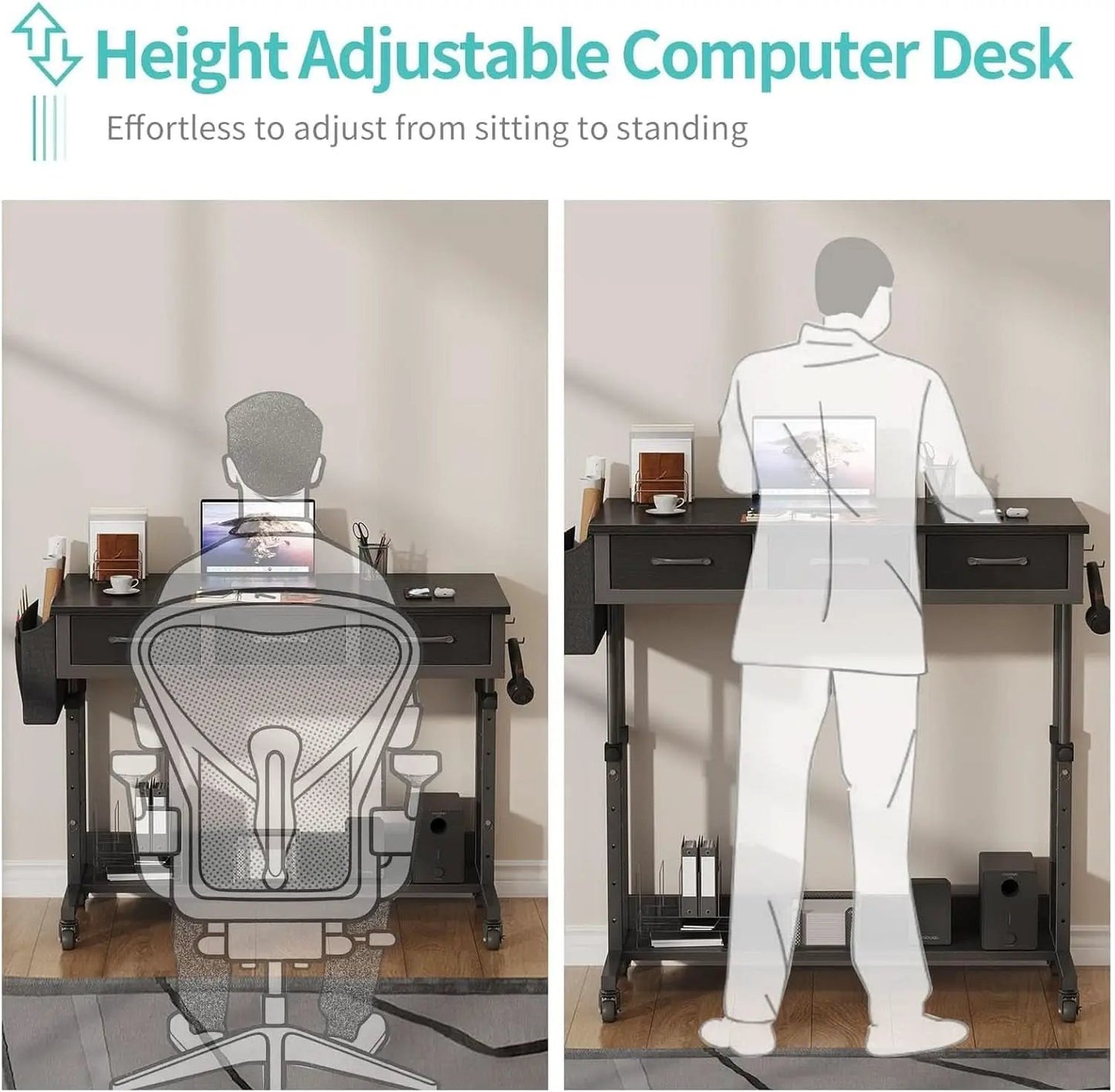 Adjustable Height Rolling Standing Desk with Drawers from PriceLows™
