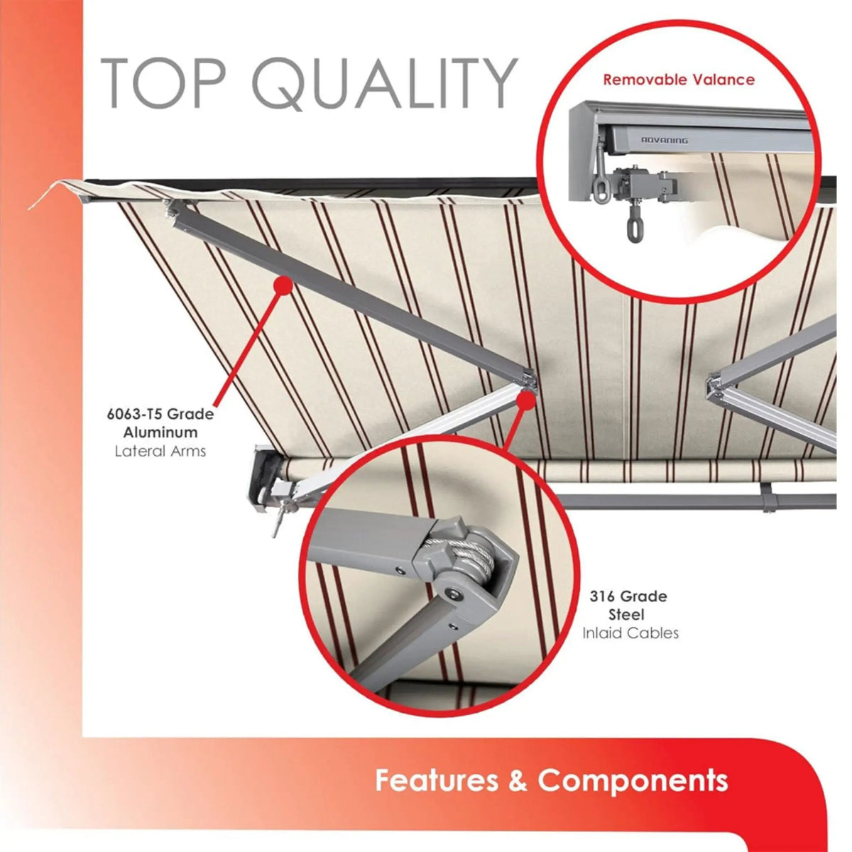 Retractable Sun Shade Awning | Advaning Classic Series | 100% Acrylic Fabric | Fully Assembled