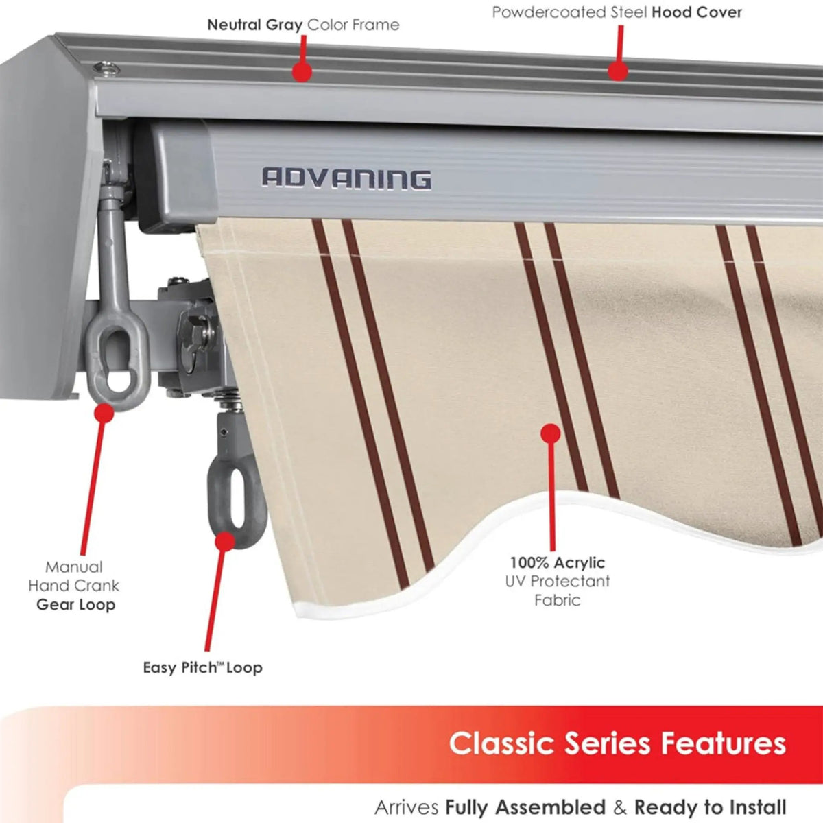 Retractable Sun Shade Awning | Advaning Classic Series | 100% Acrylic Fabric | Fully Assembled