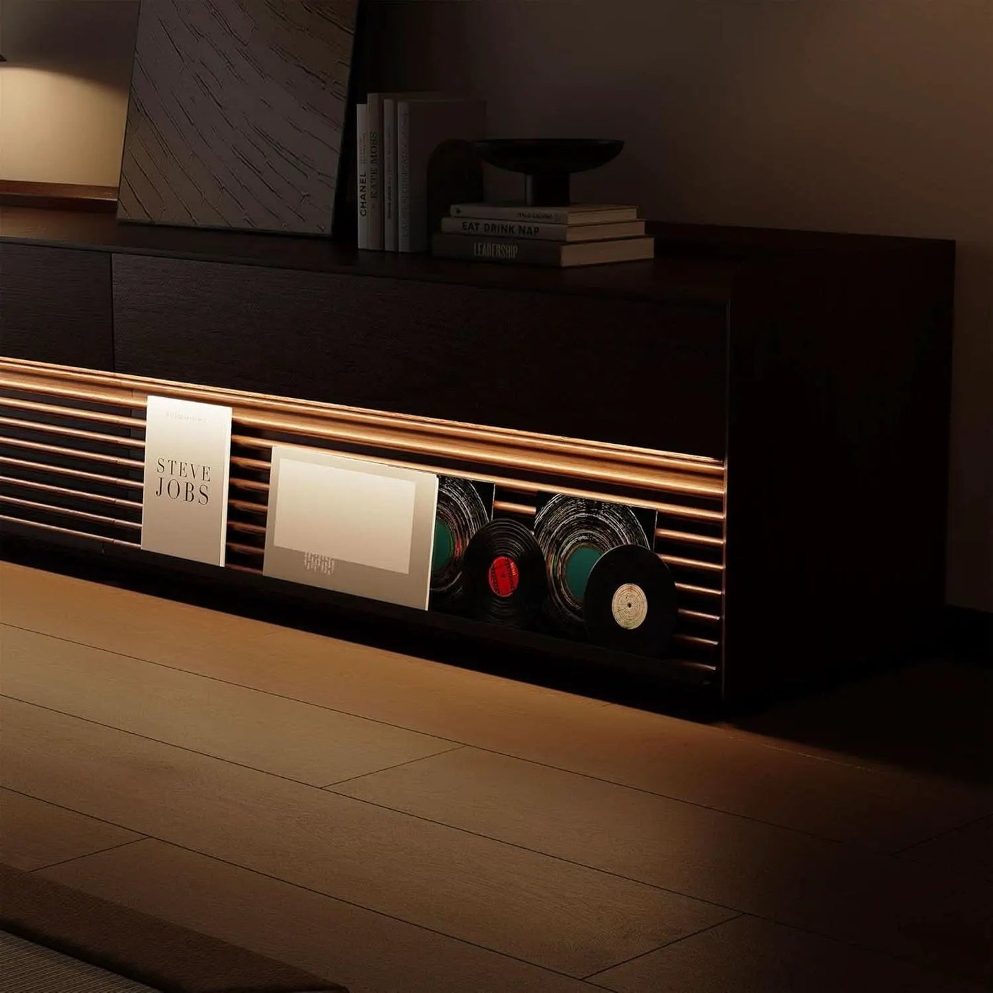 Walnut 78 Inch Mid Century Modern TV Stand With LED Storage from PriceLows™