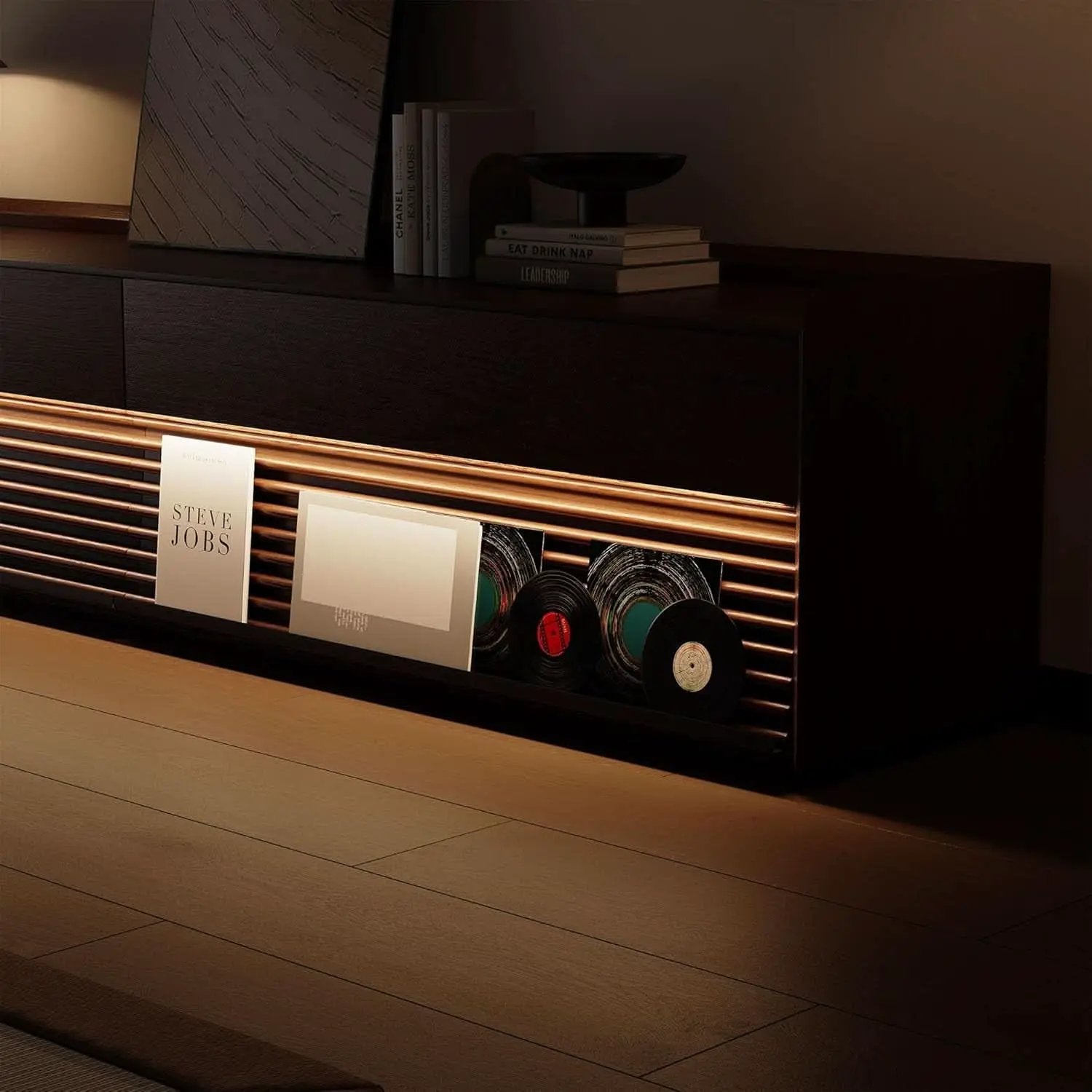 Walnut 78 Inch Mid Century Modern TV Stand With LED Storage from PriceLows™