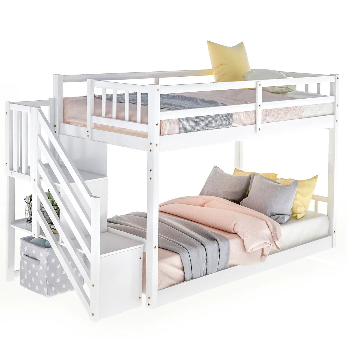 Floor Bunk Bed | Dual Guardrails | Ladder Storage | Twin Over Twin