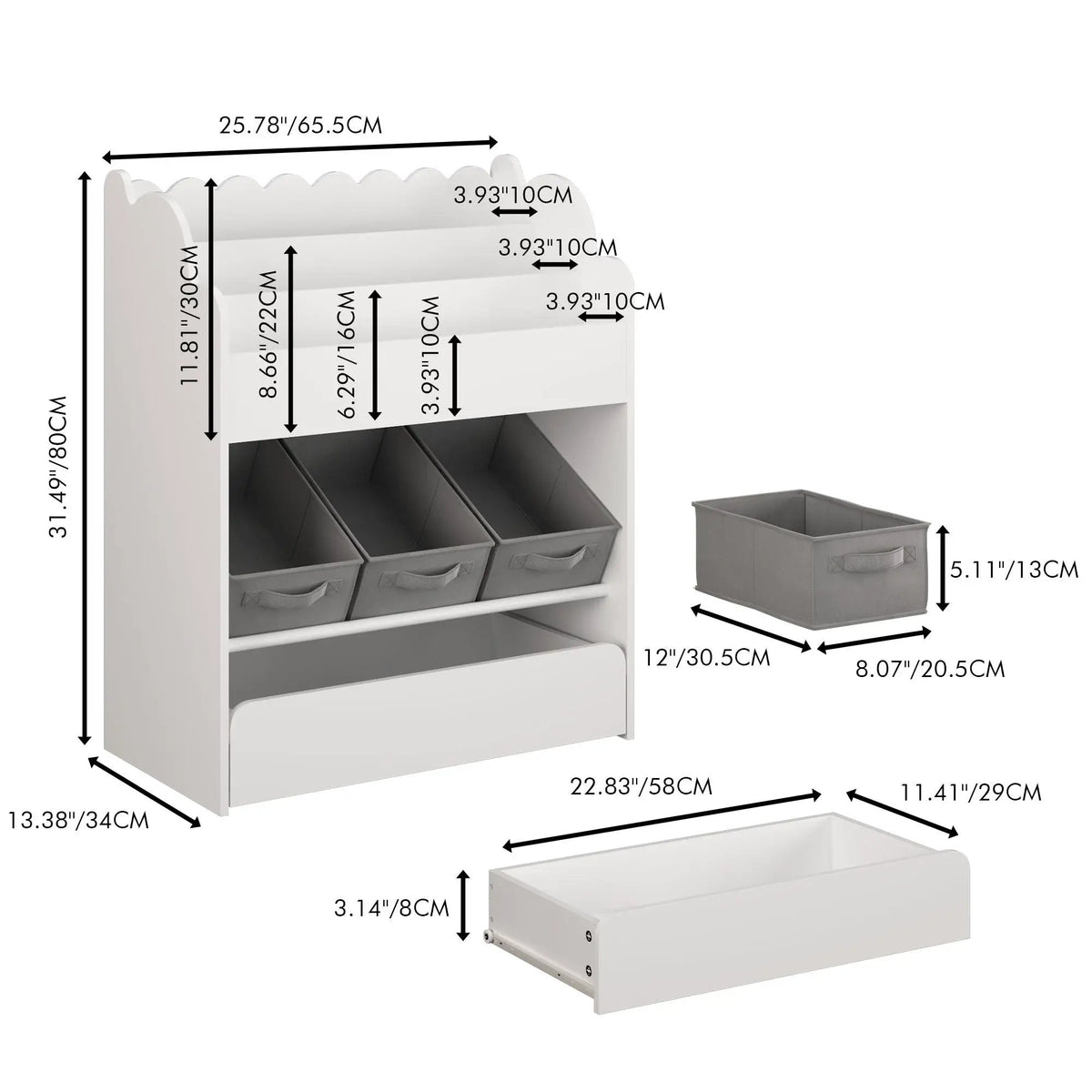 Toddler Bookshelf | 3 Fabric Bins | Bottom Drawer | White