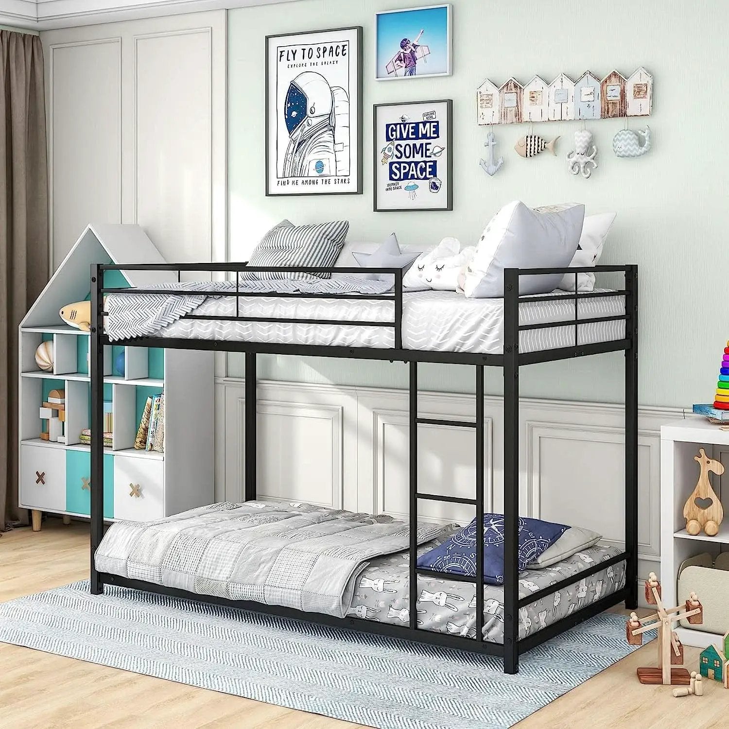 Twin Metal Low Bunk Bed With Guard Rails And Ladder from PriceLows™