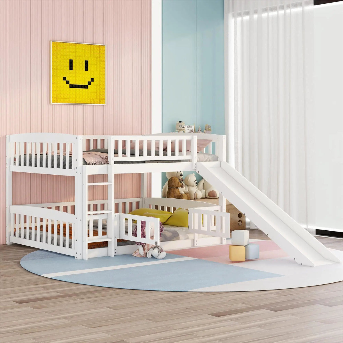 Low Bunk Bed With Slide | Fence And Ladder | Built-In Play Area | Kids Bedroom