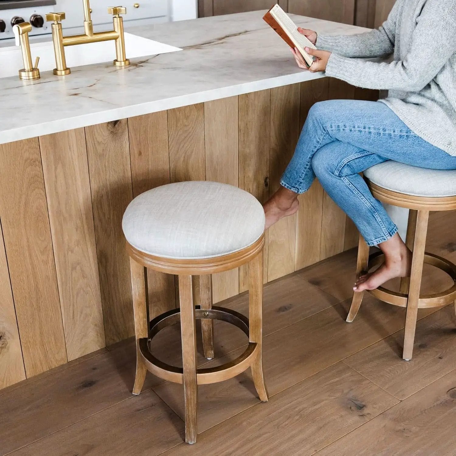 Eva 31 Inch Bar Height Backless Swivel Bar Stool Weathered Oak Sand Fabric from PriceLows™