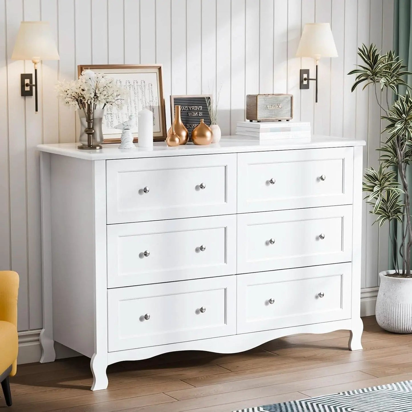 White Six Drawer Dresser Grooved Front ContouredProfile from PriceLows™