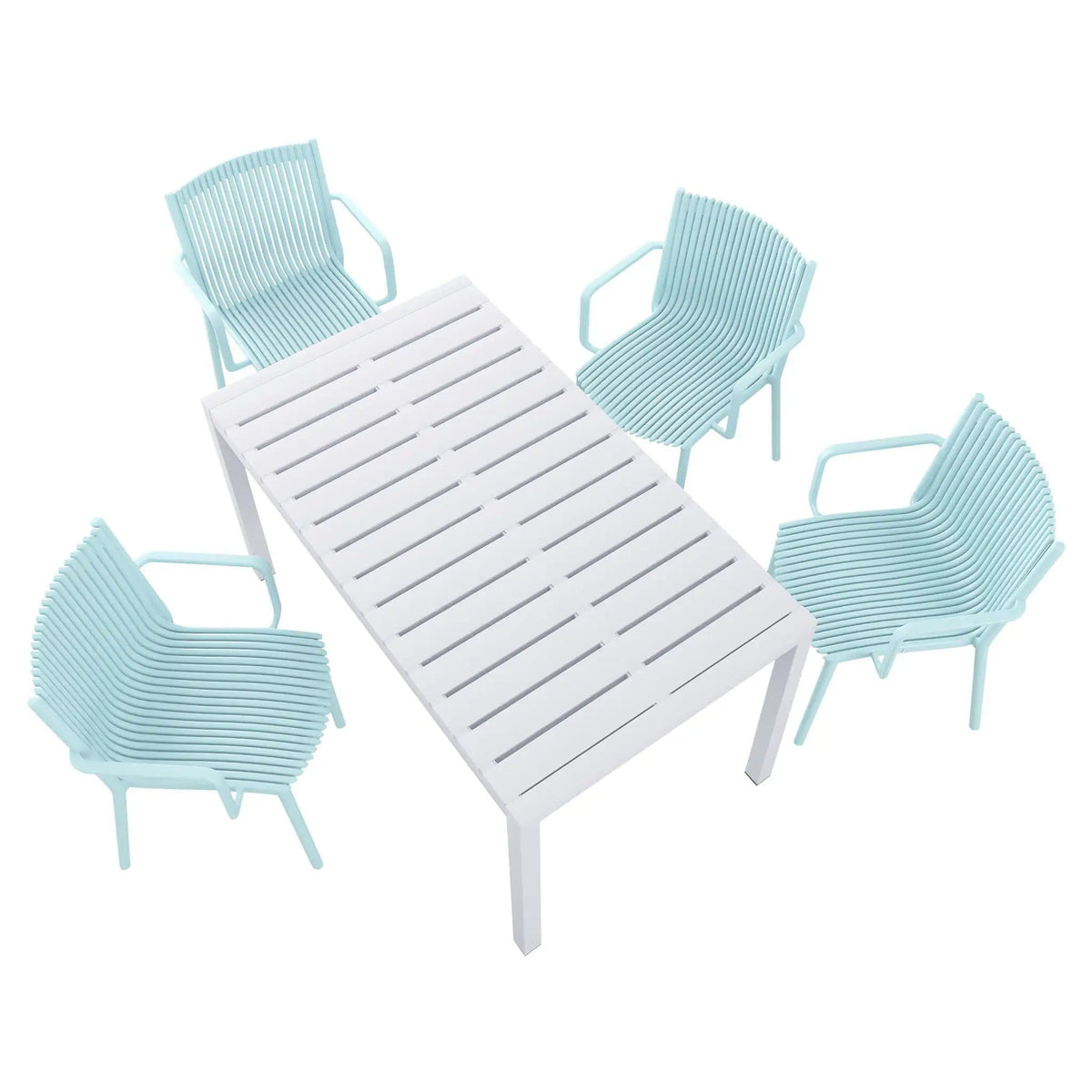 4 Modern Stackable Armchair Matched With Long Table 5 Piece Outdoor Set | 5 Piece Outdoor Set | Metal | Outdoor Living
