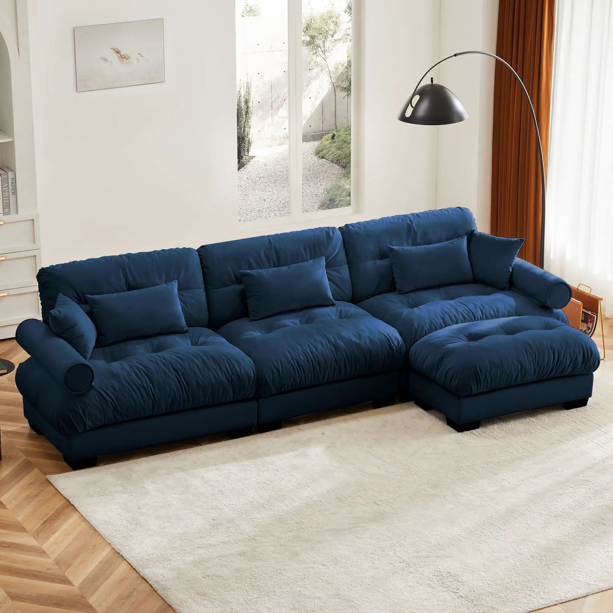 Modular Sectional Sofa | Deep Comfort Cushions | Vintage Fabric Ottoman